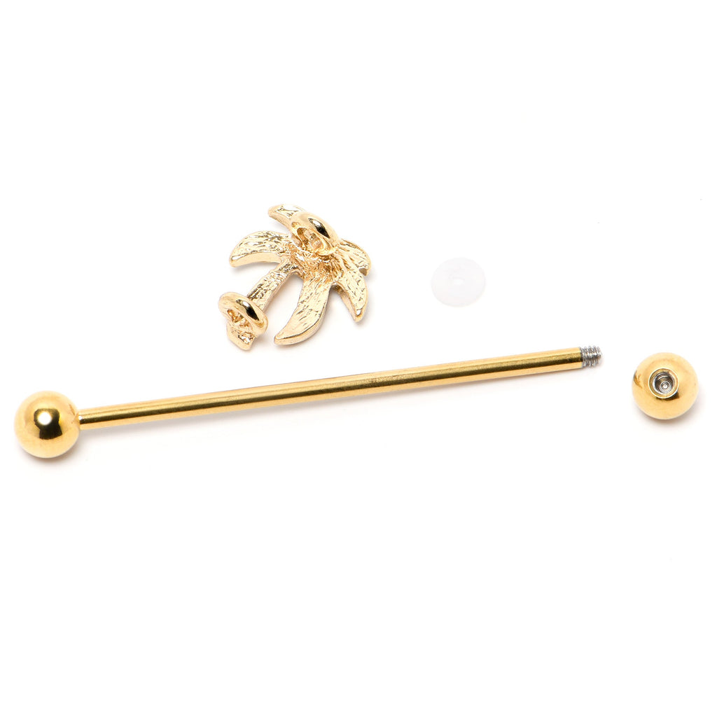 BodyCandy 14G Clear Gem Gold Tone Palm Tree Style Industrial Barbell 38mm — side view
