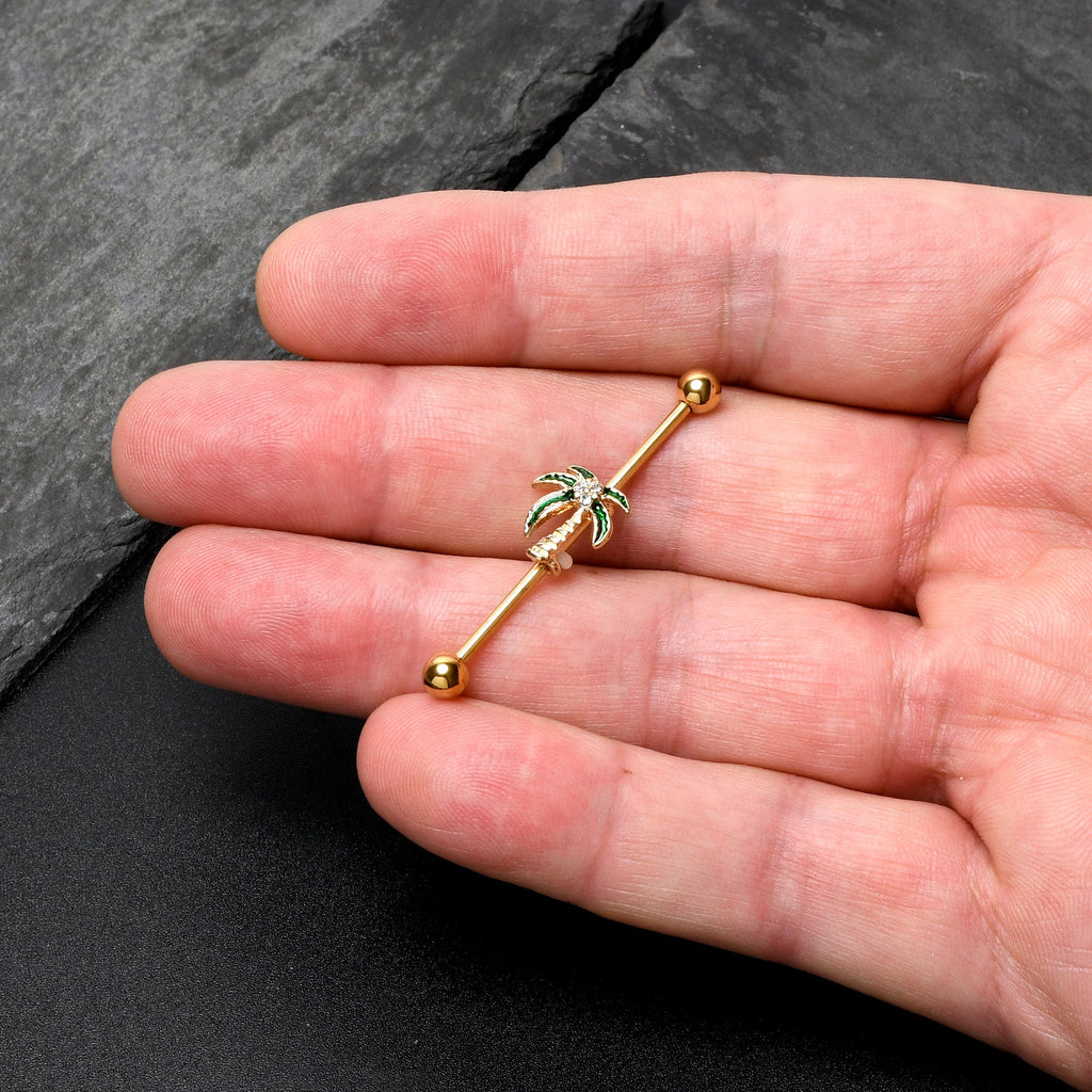 BodyCandy 14G Clear Gem Gold Tone Palm Tree Style Industrial Barbell 38mm — back view