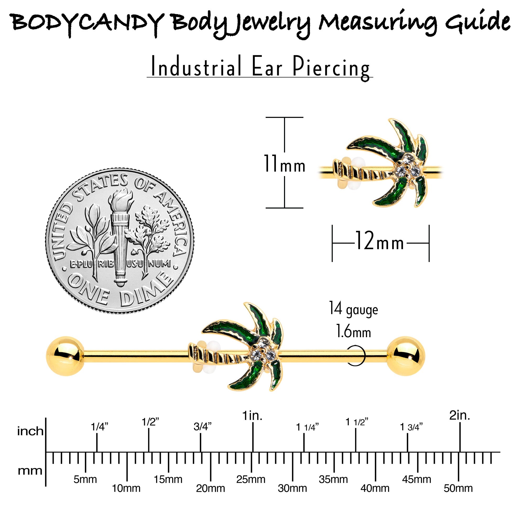 BodyCandy 14G Clear Gem Gold Tone Palm Tree Style Industrial Barbell 38mm — alternative angle