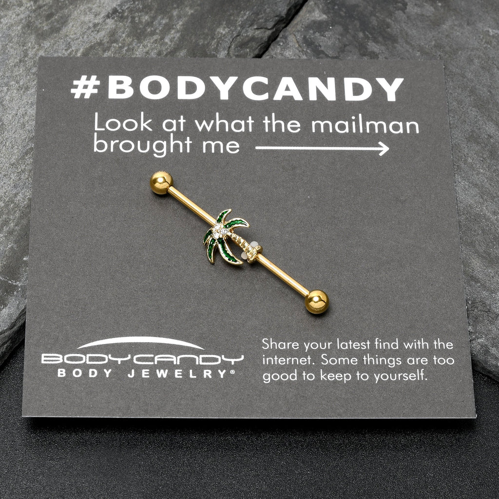 BodyCandy 14G Clear Gem Gold Tone Palm Tree Style Industrial Barbell 38mm — in-use photo