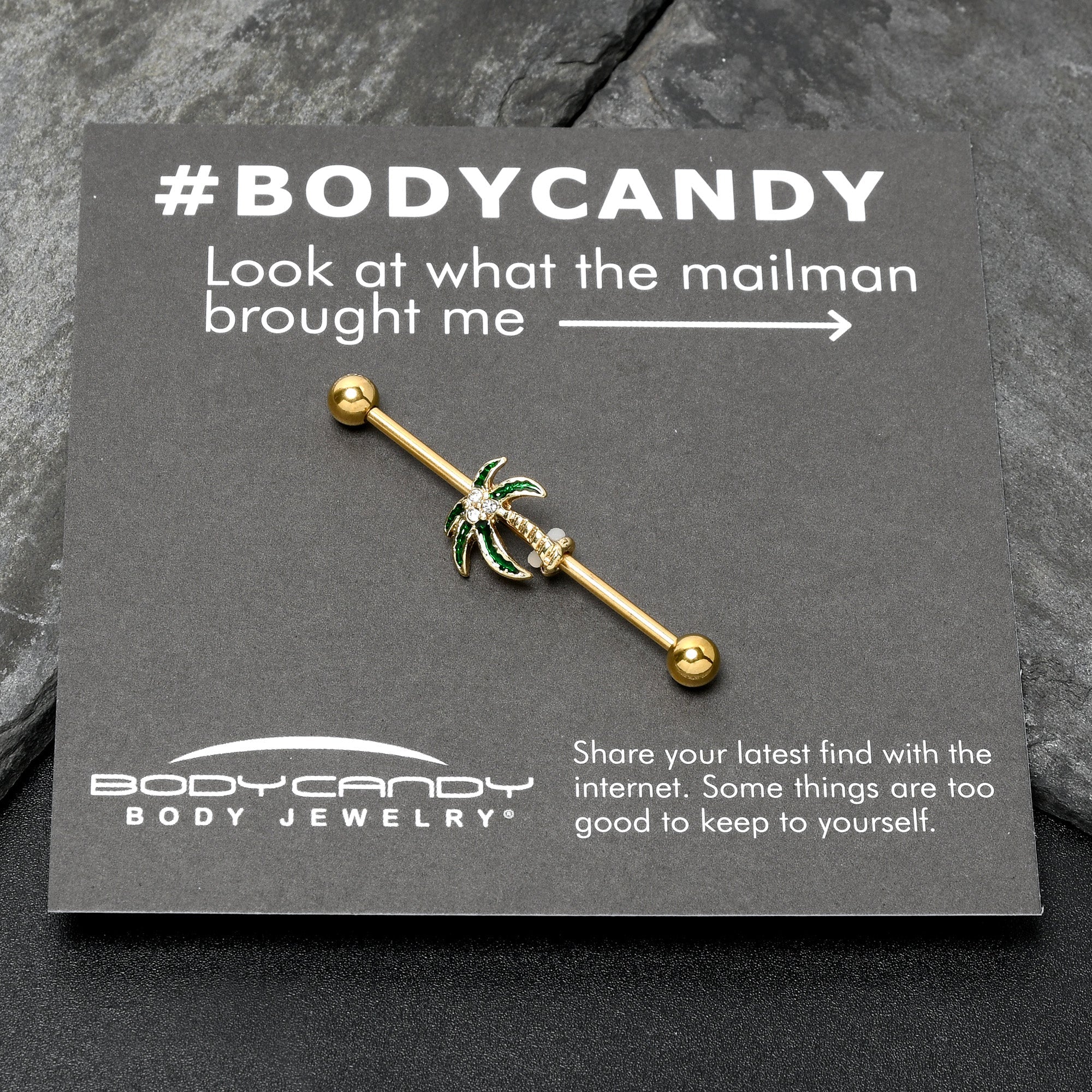 BodyCandy 14G Clear Gem Gold Tone Palm Tree Style Industrial Barbell 38mm — in-use photo