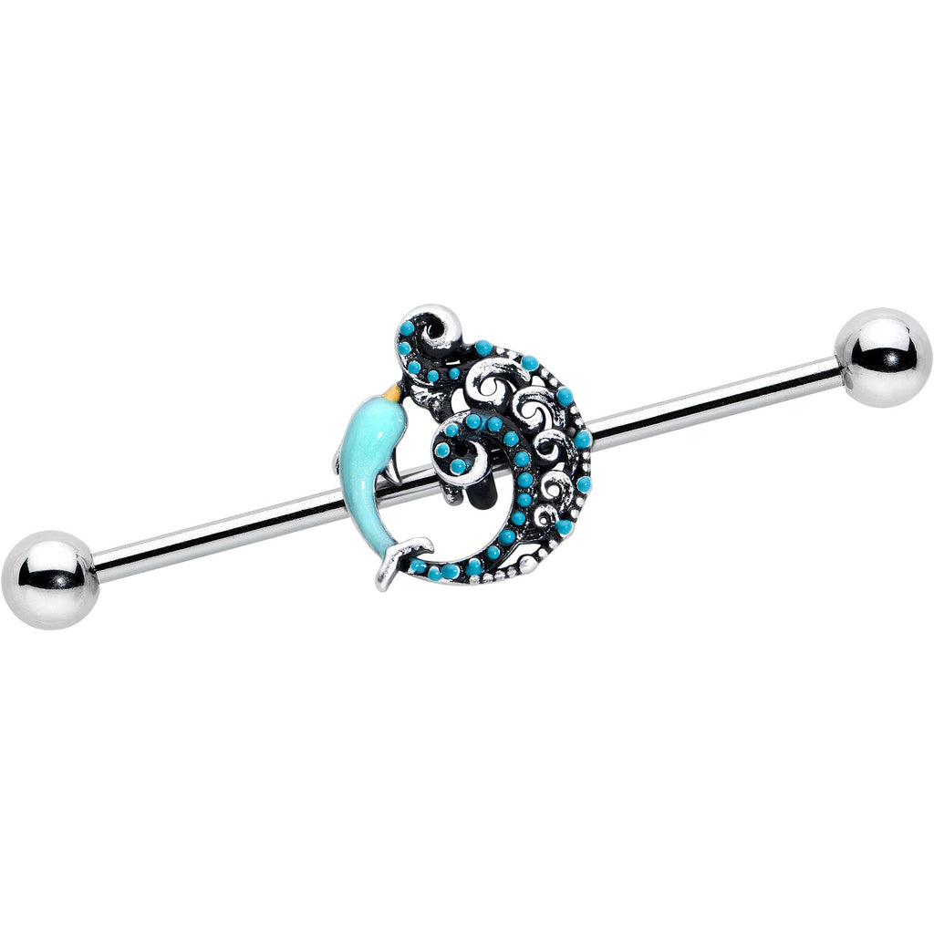 BodyCandy 14G Leaping Blue Dolphin Industrial Barbell 38mm — main product shot