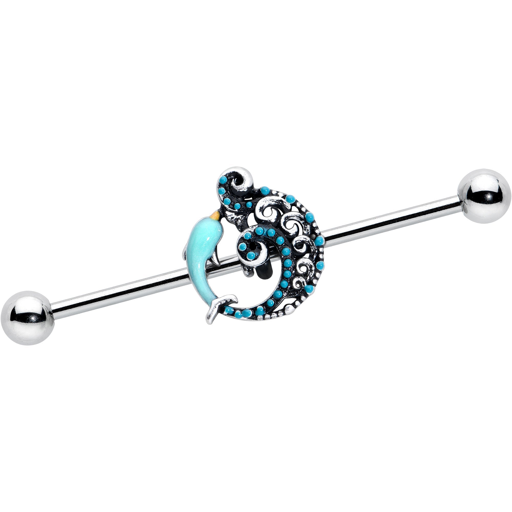 BodyCandy 14G Leaping Blue Dolphin Industrial Barbell 38mm — main product shot