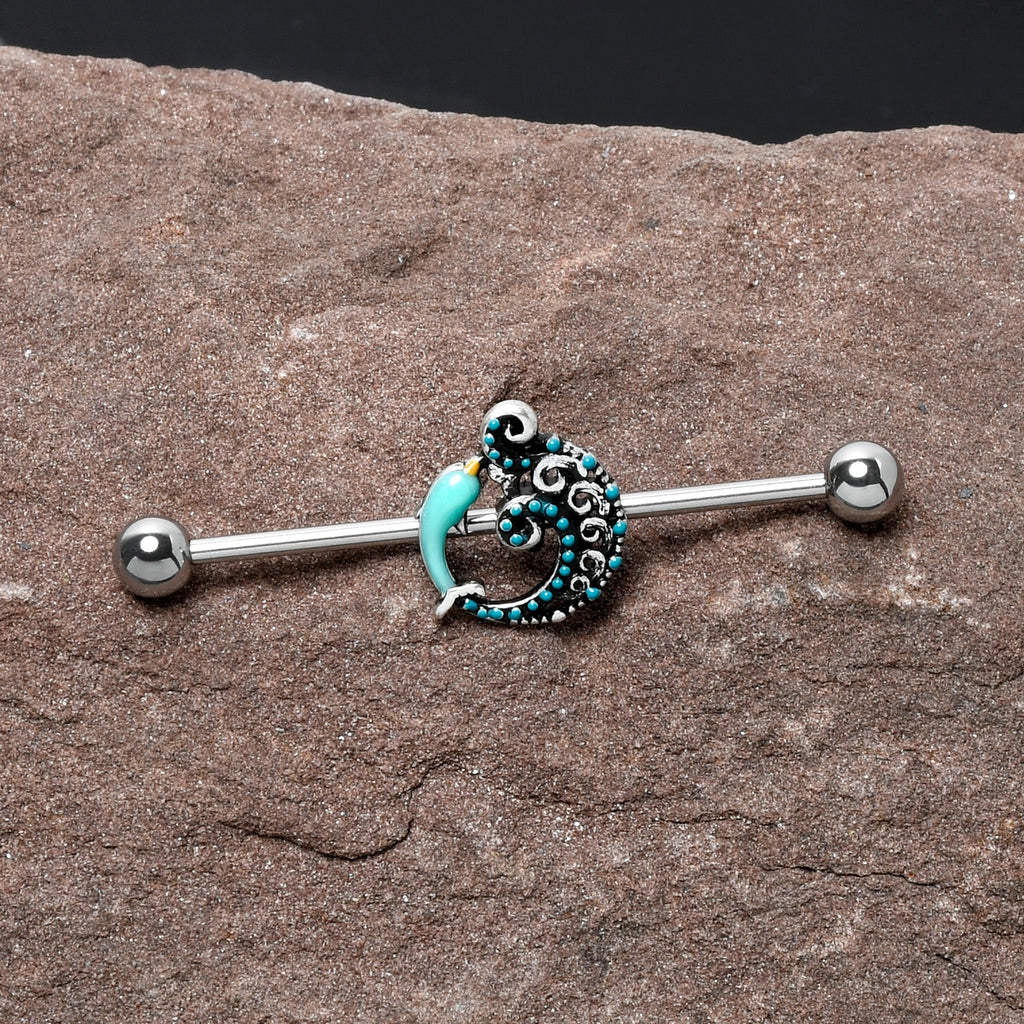 BodyCandy 14G Leaping Blue Dolphin Industrial Barbell 38mm — detail close-up