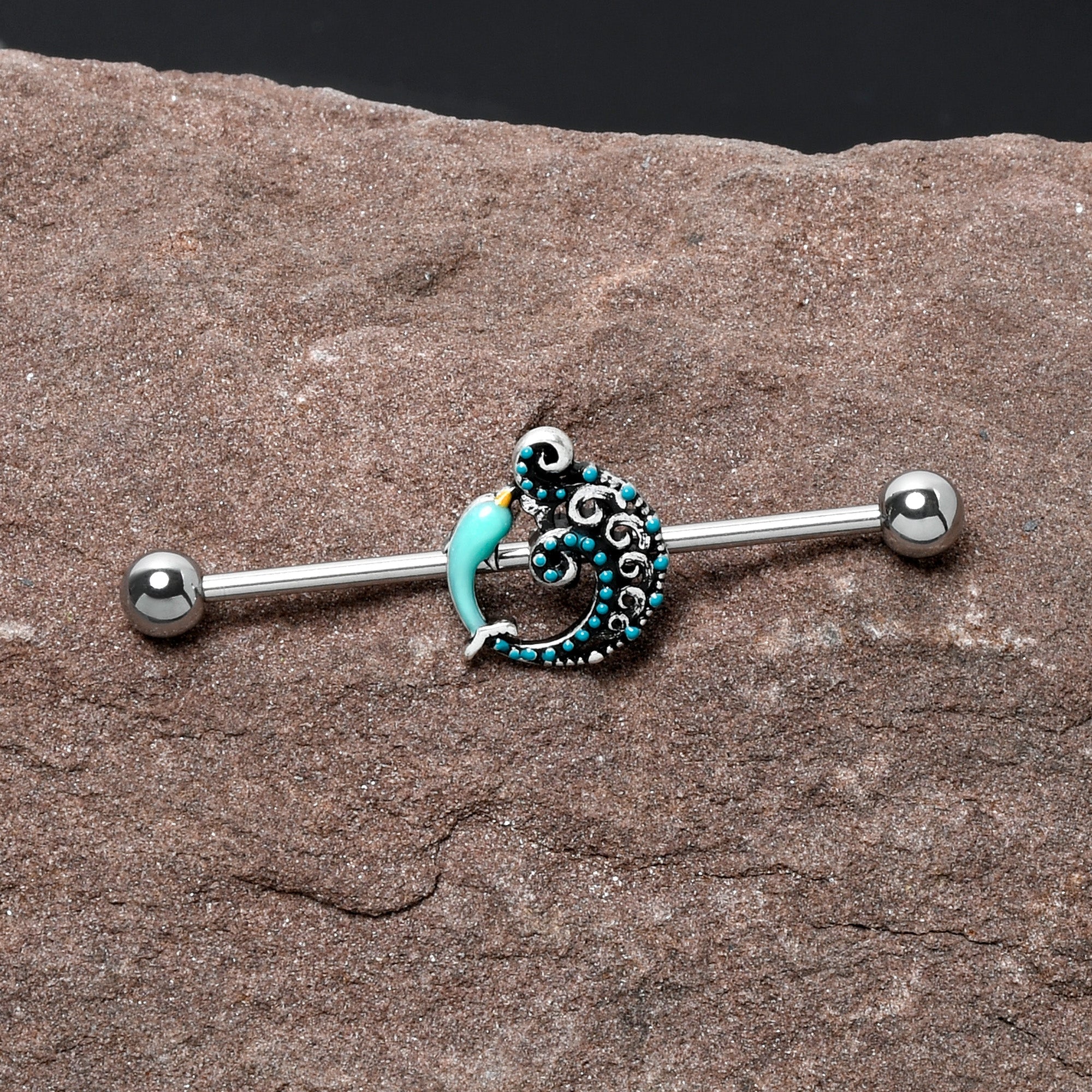 BodyCandy 14G Leaping Blue Dolphin Industrial Barbell 38mm — detail close-up