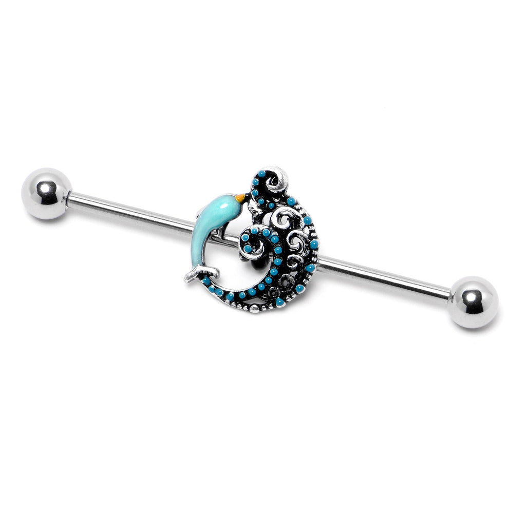 BodyCandy 14G Leaping Blue Dolphin Industrial Barbell 38mm — lifestyle context