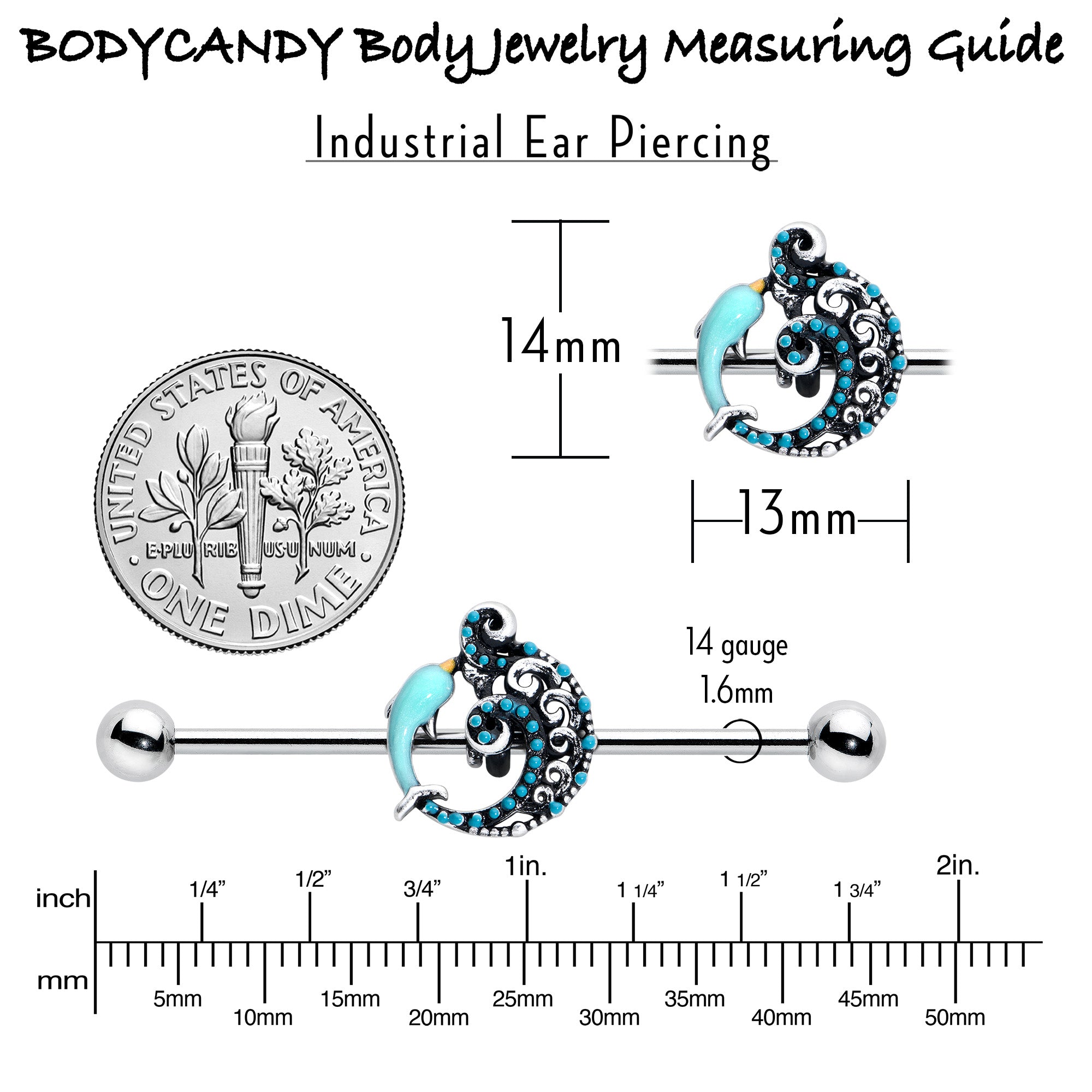BodyCandy 14G Leaping Blue Dolphin Industrial Barbell 38mm — alternative angle