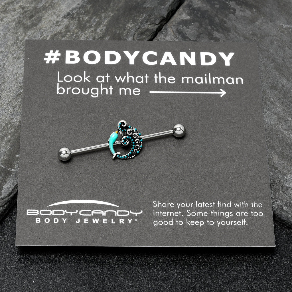 BodyCandy 14G Leaping Blue Dolphin Industrial Barbell 38mm — in-use photo
