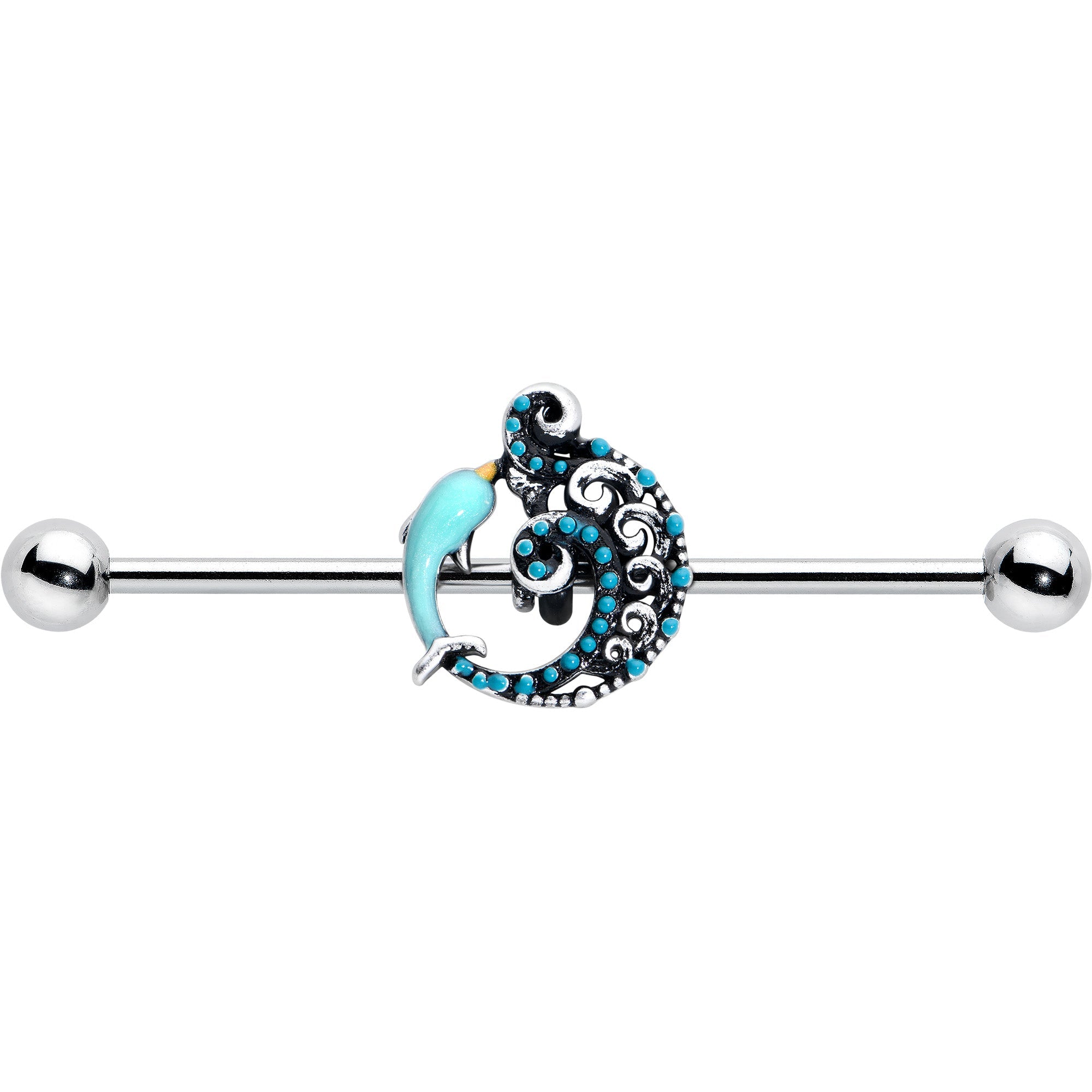 BodyCandy 14G Leaping Blue Dolphin Industrial Barbell 38mm — size reference