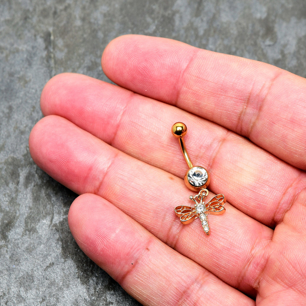 BodyCandy Clear Gem Gold Tone Flying Dragonfly Dangle Belly Ring — detail close-up