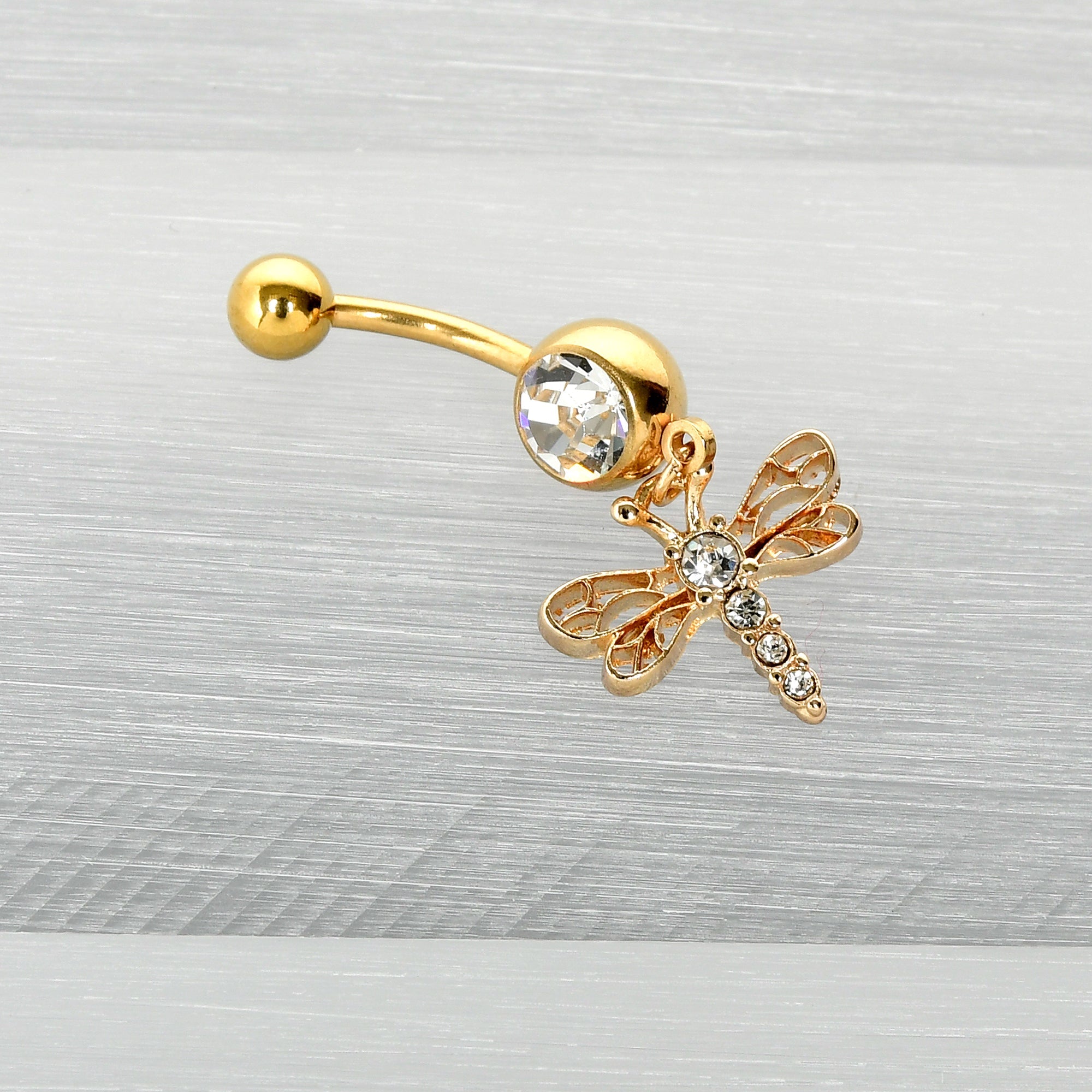 BodyCandy Clear Gem Gold Tone Flying Dragonfly Dangle Belly Ring — back view