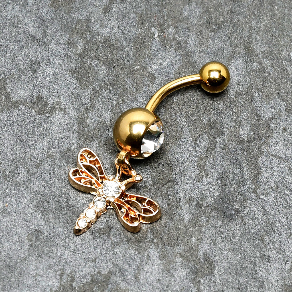 BodyCandy Clear Gem Gold Tone Flying Dragonfly Dangle Belly Ring — alternative angle