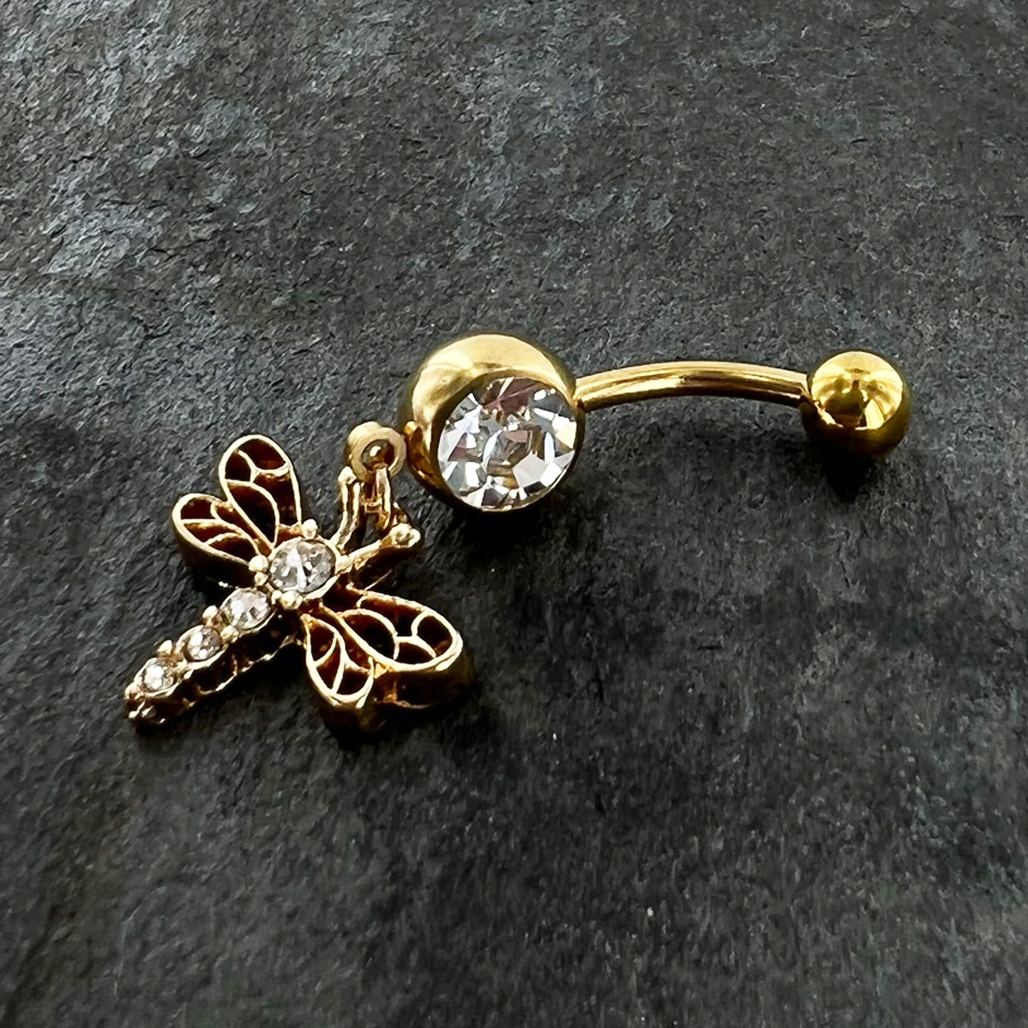 BodyCandy Clear Gem Gold Tone Flying Dragonfly Dangle Belly Ring — in-use photo