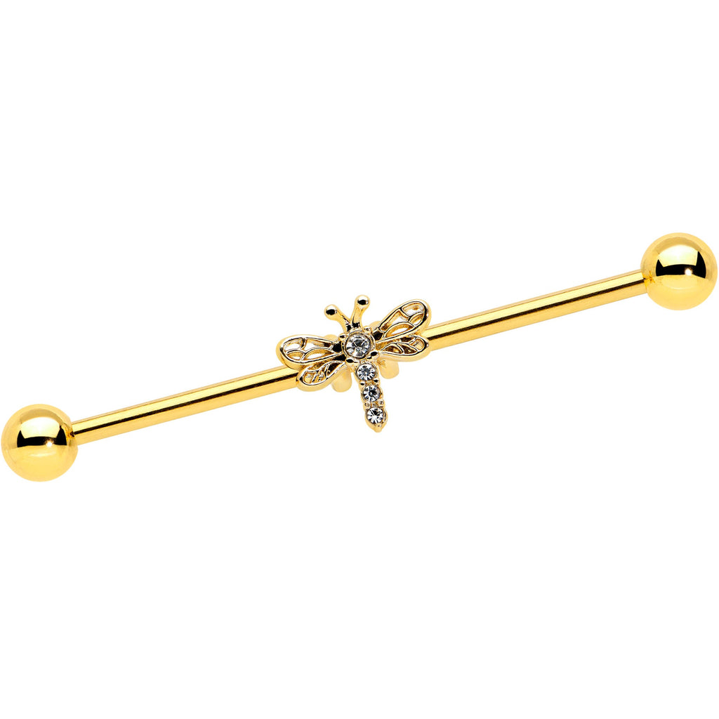 BodyCandy 14G Clear Gem Gold Tone Flying Dragonfly Industrial Barbell 38mm — main product shot