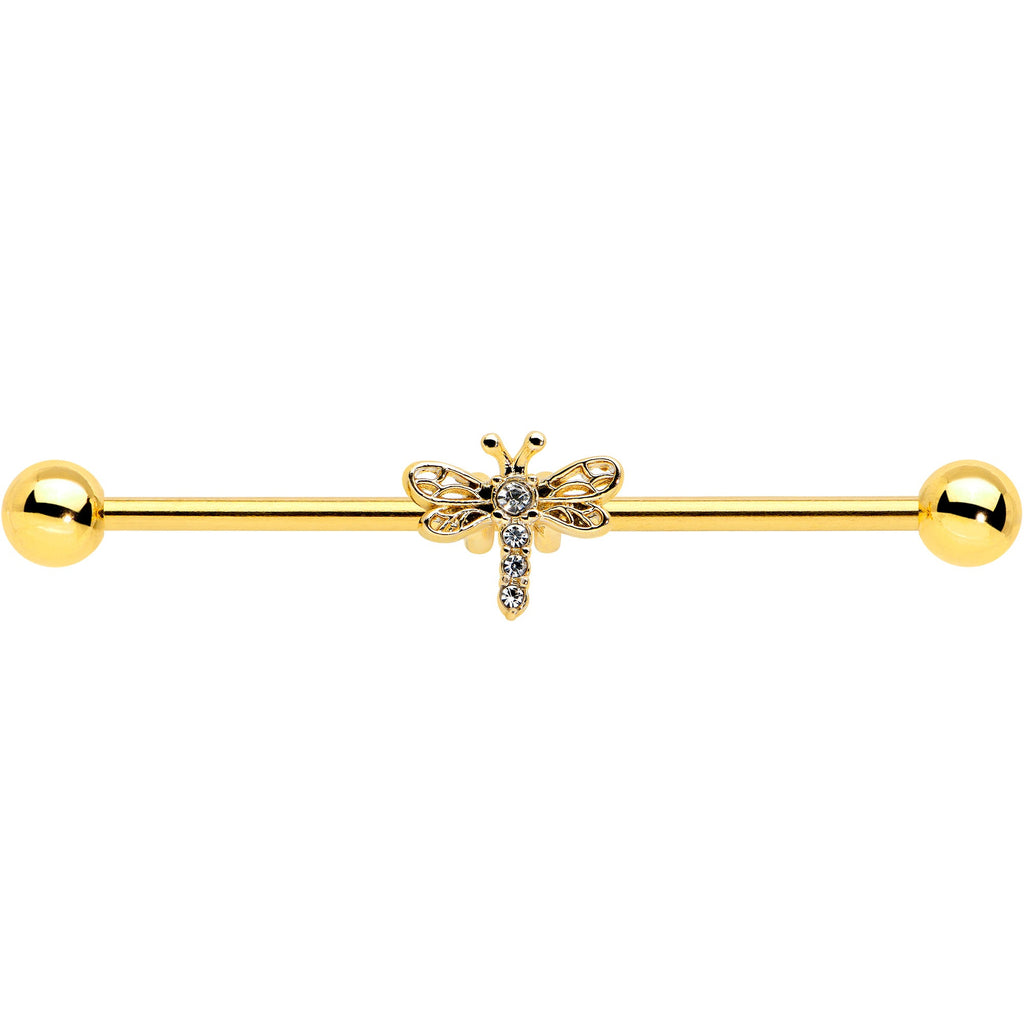 BodyCandy 14G Clear Gem Gold Tone Flying Dragonfly Industrial Barbell 38mm — detail close-up