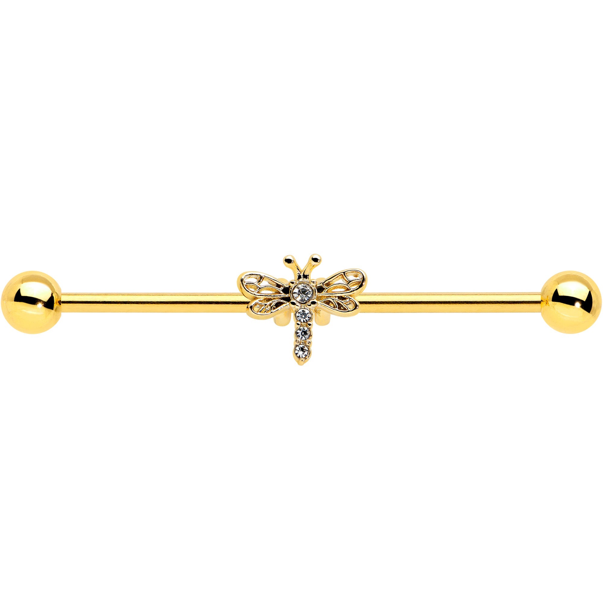 BodyCandy 14G Clear Gem Gold Tone Flying Dragonfly Industrial Barbell 38mm — detail close-up