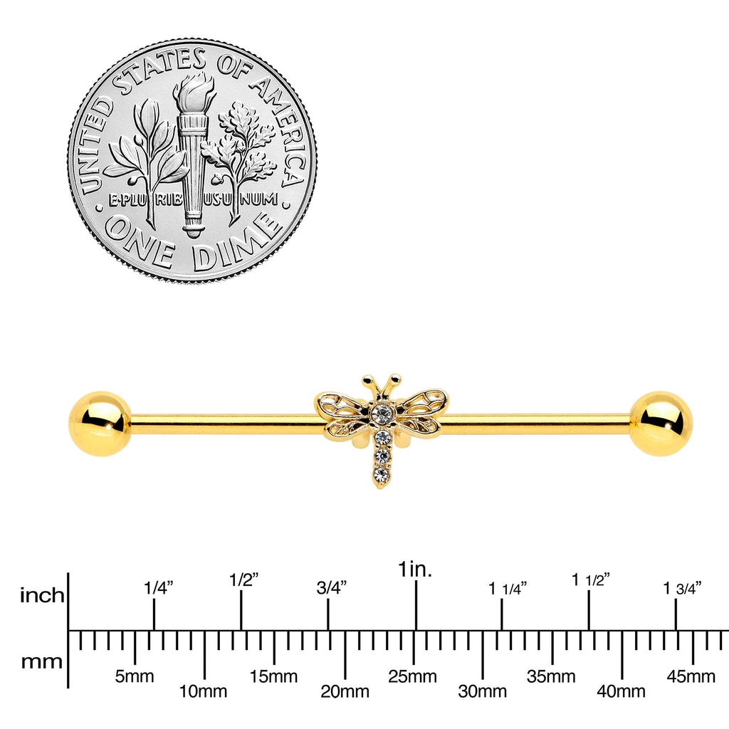 BodyCandy 14G Clear Gem Gold Tone Flying Dragonfly Industrial Barbell 38mm — lifestyle context