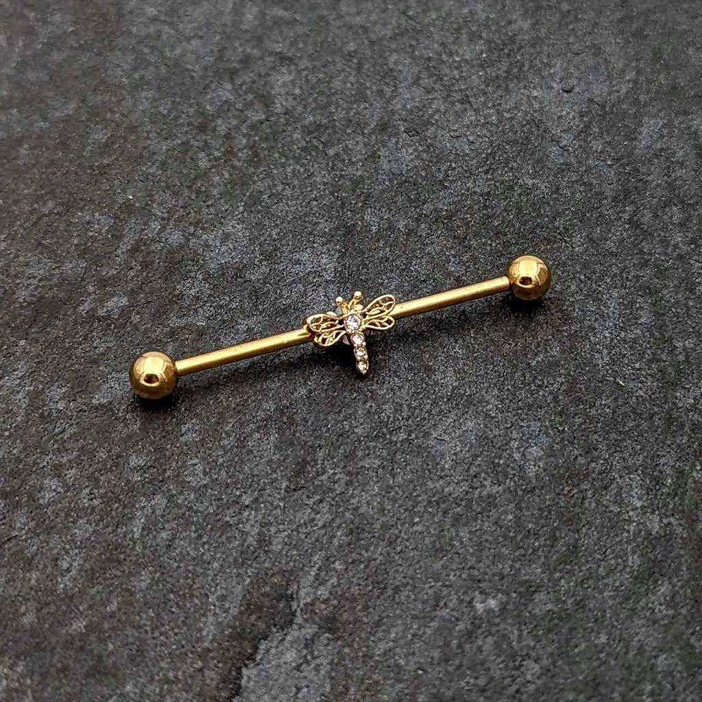 BodyCandy 14G Clear Gem Gold Tone Flying Dragonfly Industrial Barbell 38mm — side view