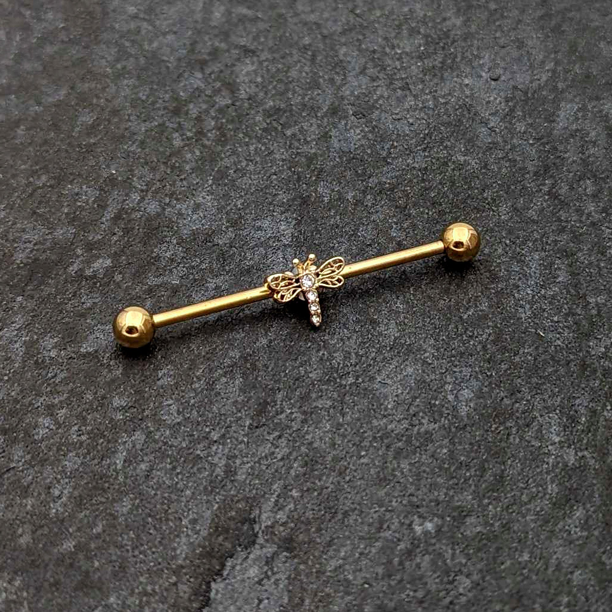 BodyCandy 14G Clear Gem Gold Tone Flying Dragonfly Industrial Barbell 38mm — side view