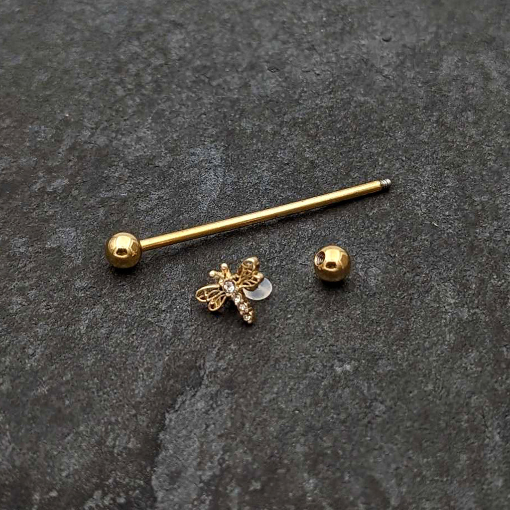 BodyCandy 14G Clear Gem Gold Tone Flying Dragonfly Industrial Barbell 38mm — back view