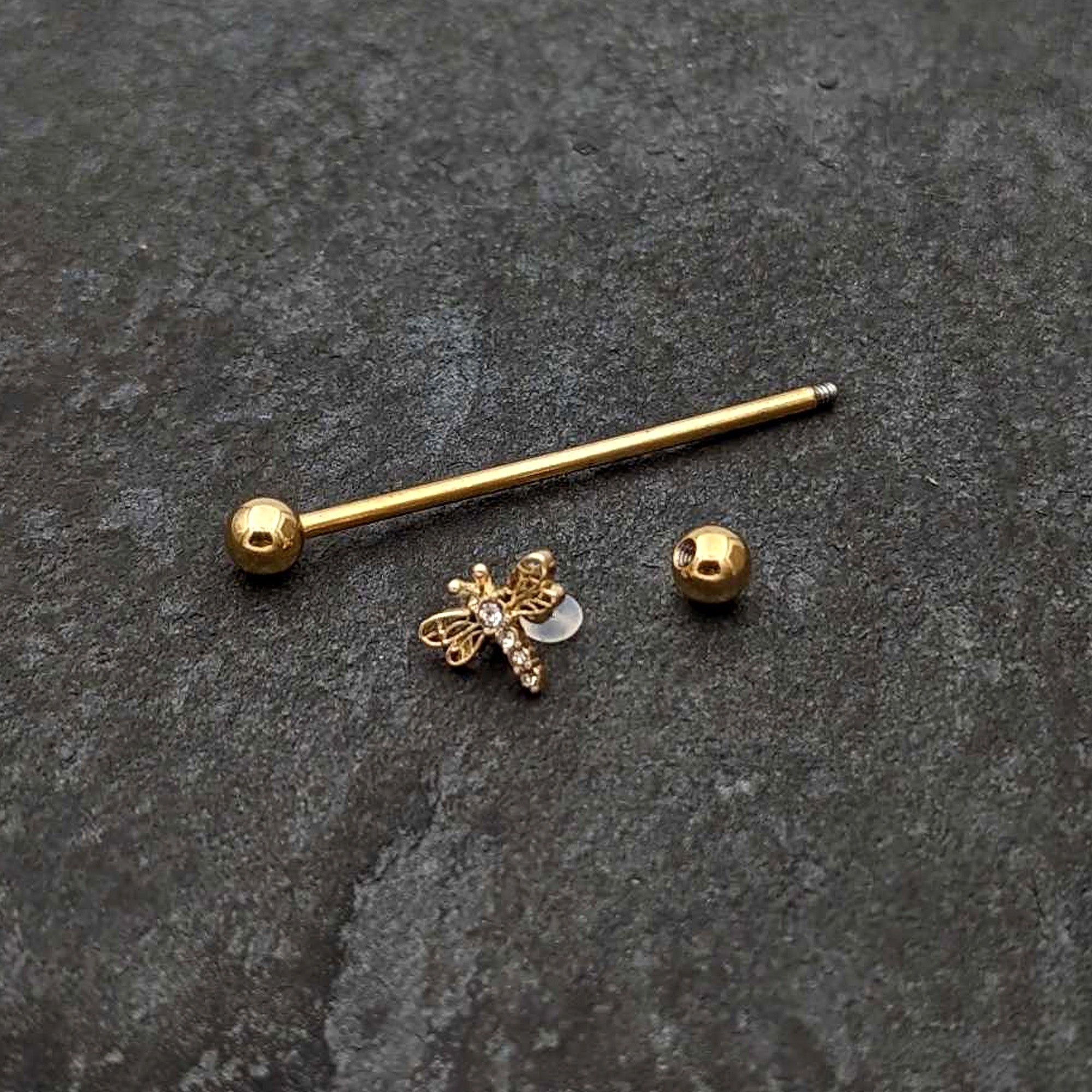BodyCandy 14G Clear Gem Gold Tone Flying Dragonfly Industrial Barbell 38mm — back view