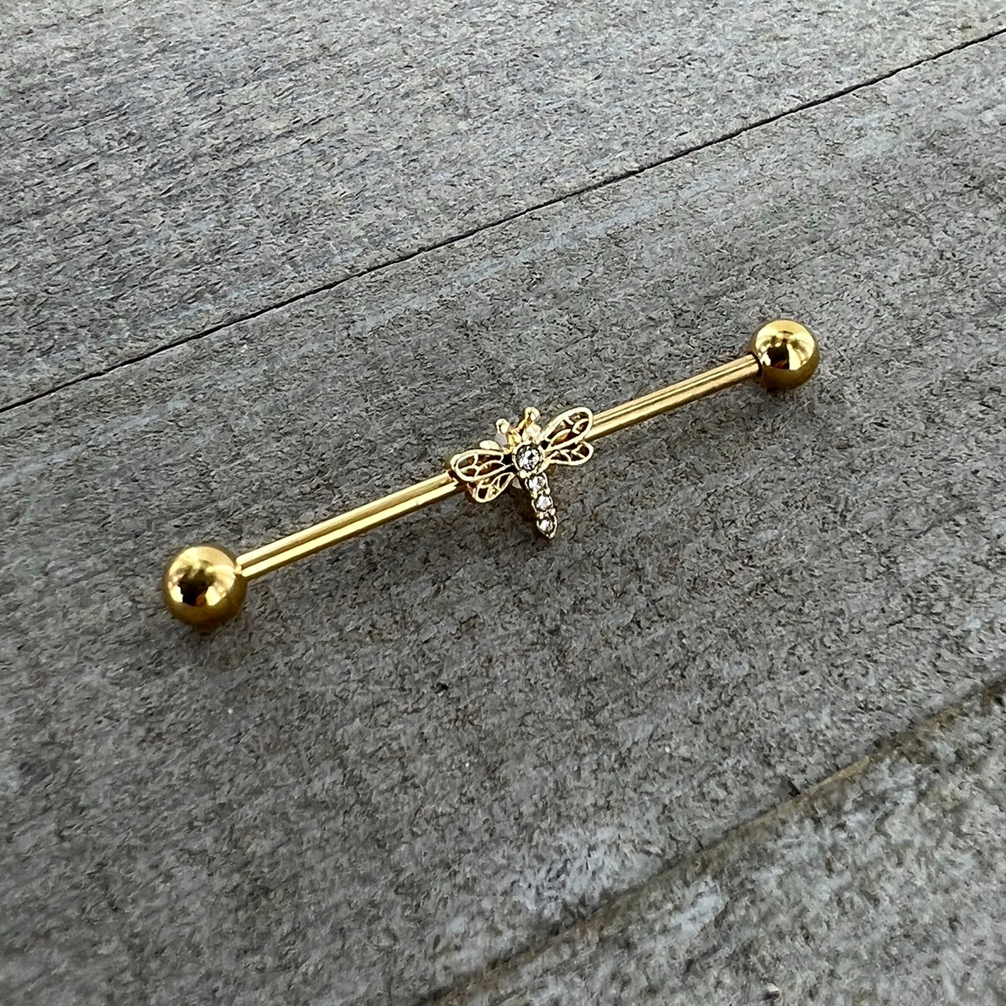 BodyCandy 14G Clear Gem Gold Tone Flying Dragonfly Industrial Barbell 38mm — alternative angle