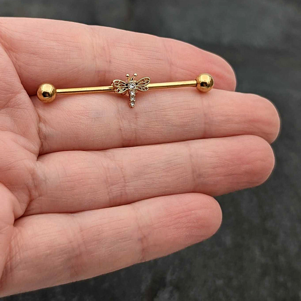 BodyCandy 14G Clear Gem Gold Tone Flying Dragonfly Industrial Barbell 38mm — in-use photo
