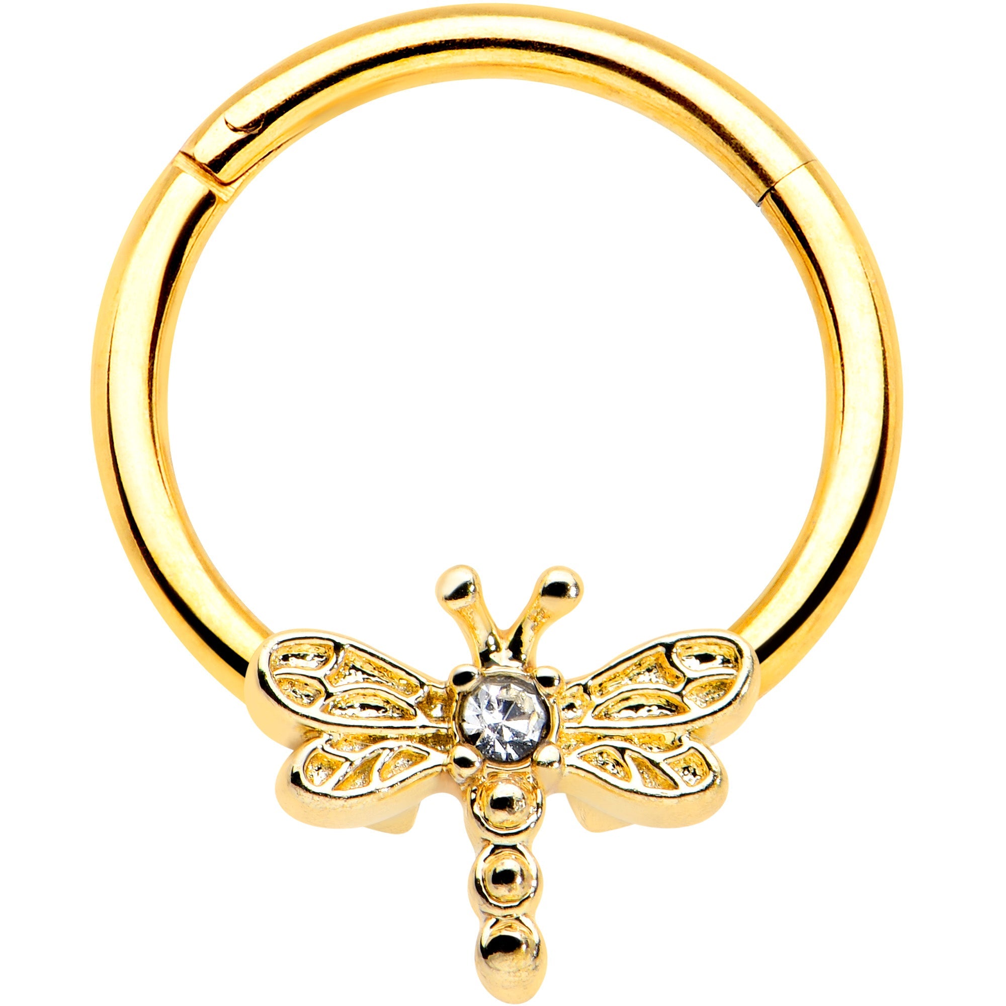 BodyCandy 16G 3/8 Clear Gem Gold Tone Flying Dragonfly Hinged Segment Ring — main product shot