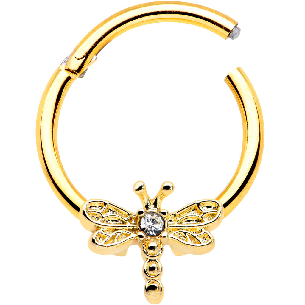 BodyCandy 16G 3/8 Clear Gem Gold Tone Flying Dragonfly Hinged Segment Ring — detail close-up
