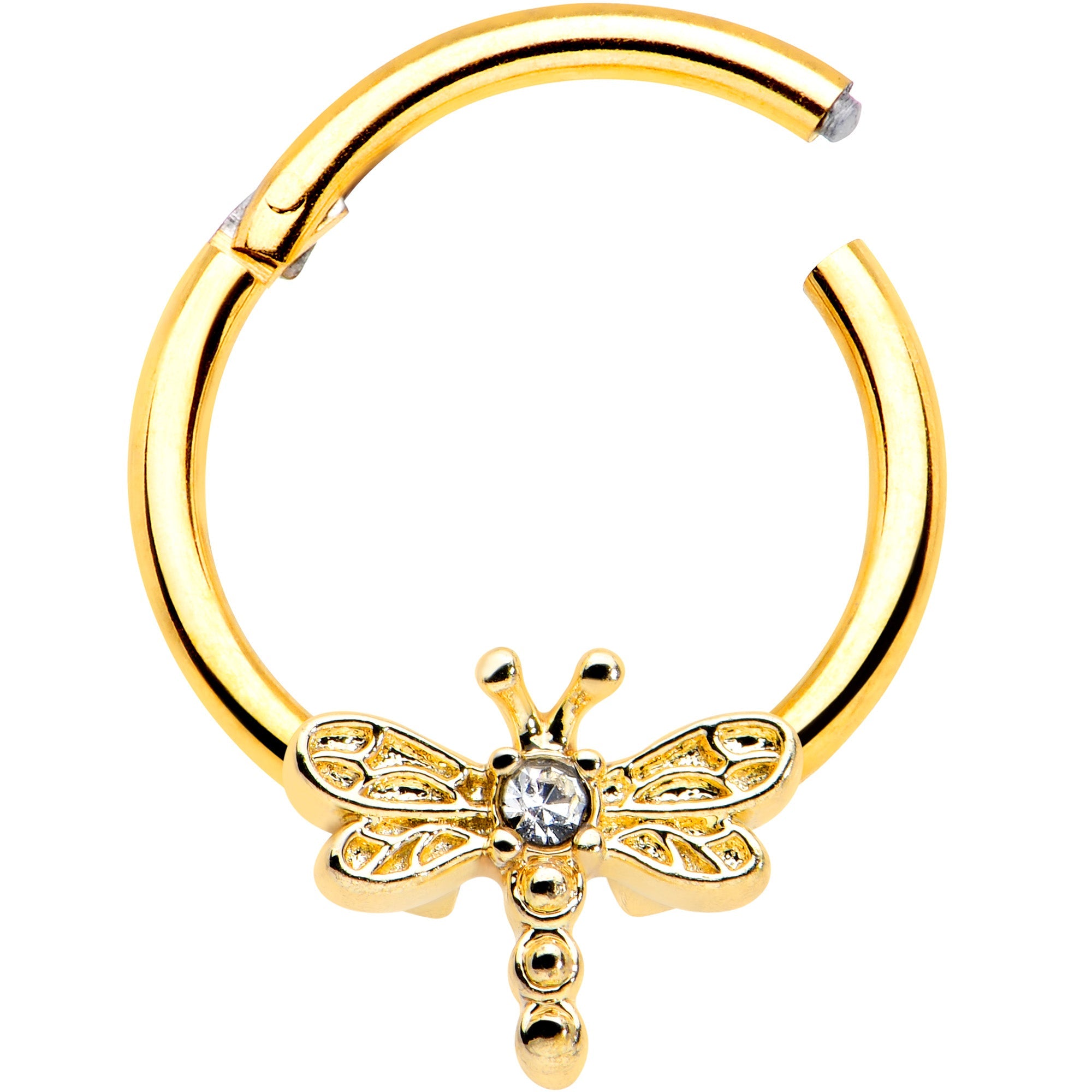 BodyCandy 16G 3/8 Clear Gem Gold Tone Flying Dragonfly Hinged Segment Ring — detail close-up