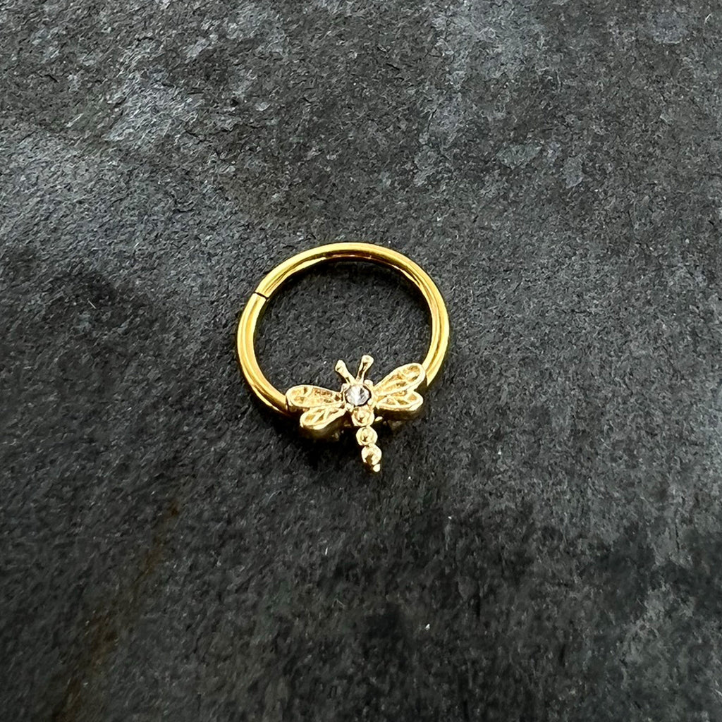 BodyCandy 16G 3/8 Clear Gem Gold Tone Flying Dragonfly Hinged Segment Ring — side view