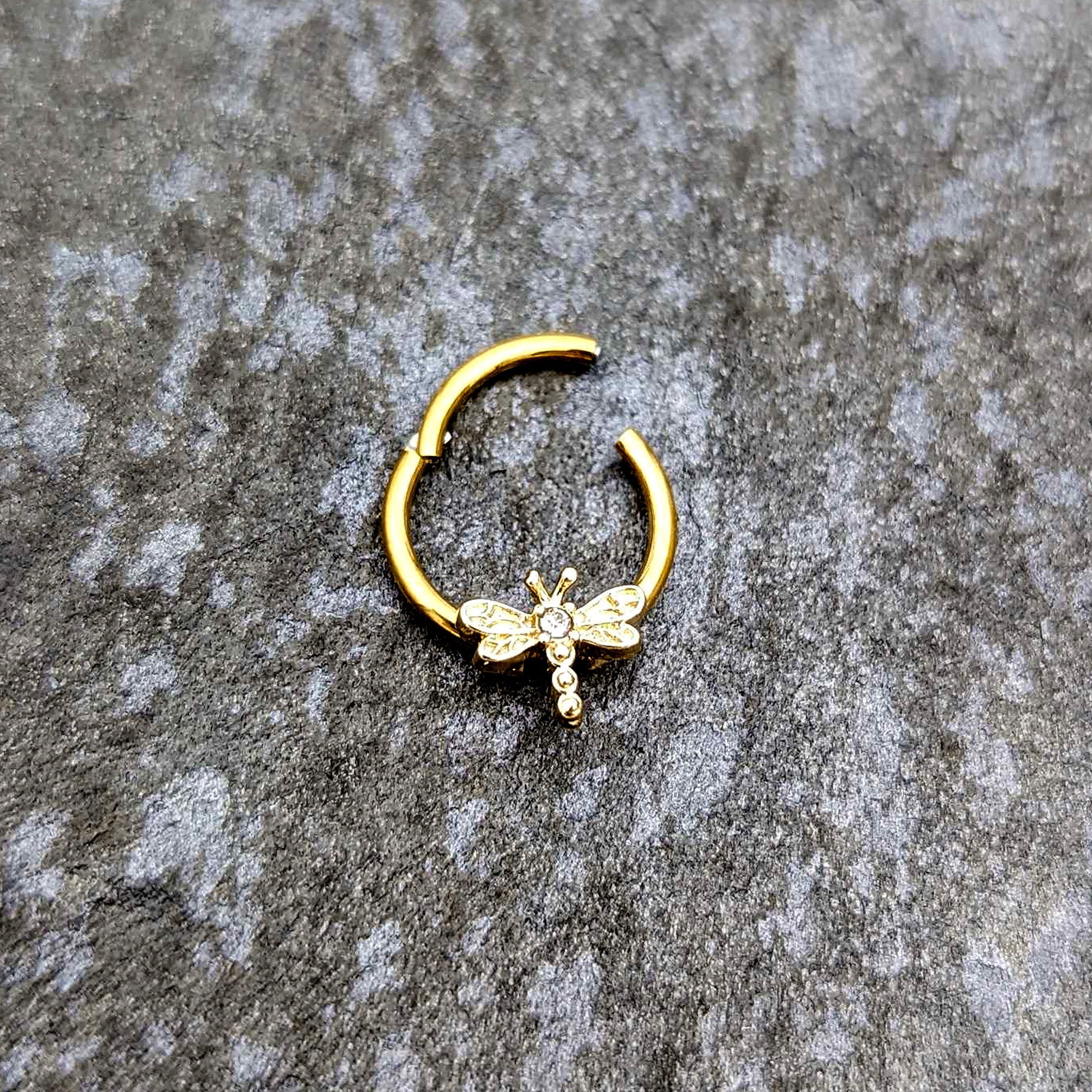 BodyCandy 16G 3/8 Clear Gem Gold Tone Flying Dragonfly Hinged Segment Ring — back view