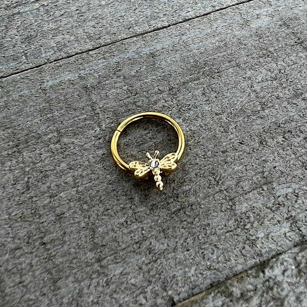 BodyCandy 16G 3/8 Clear Gem Gold Tone Flying Dragonfly Hinged Segment Ring — alternative angle
