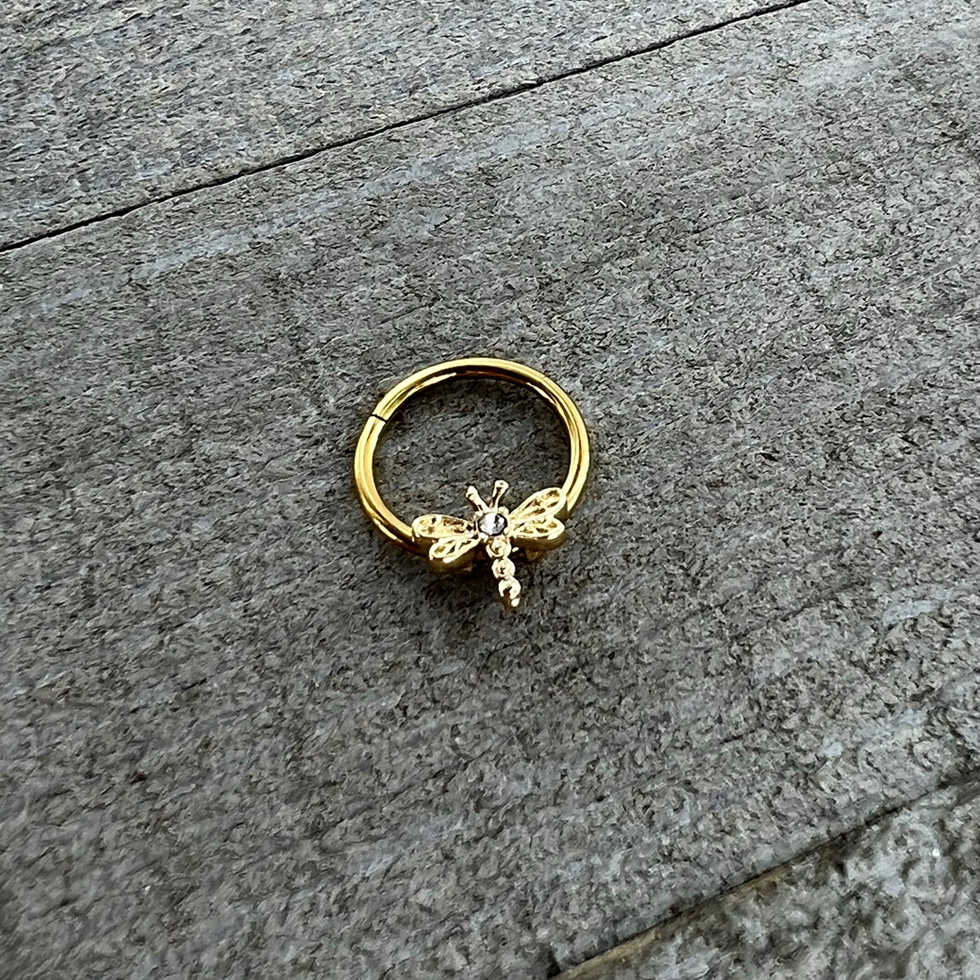 BodyCandy 16G 3/8 Clear Gem Gold Tone Flying Dragonfly Hinged Segment Ring — alternative angle