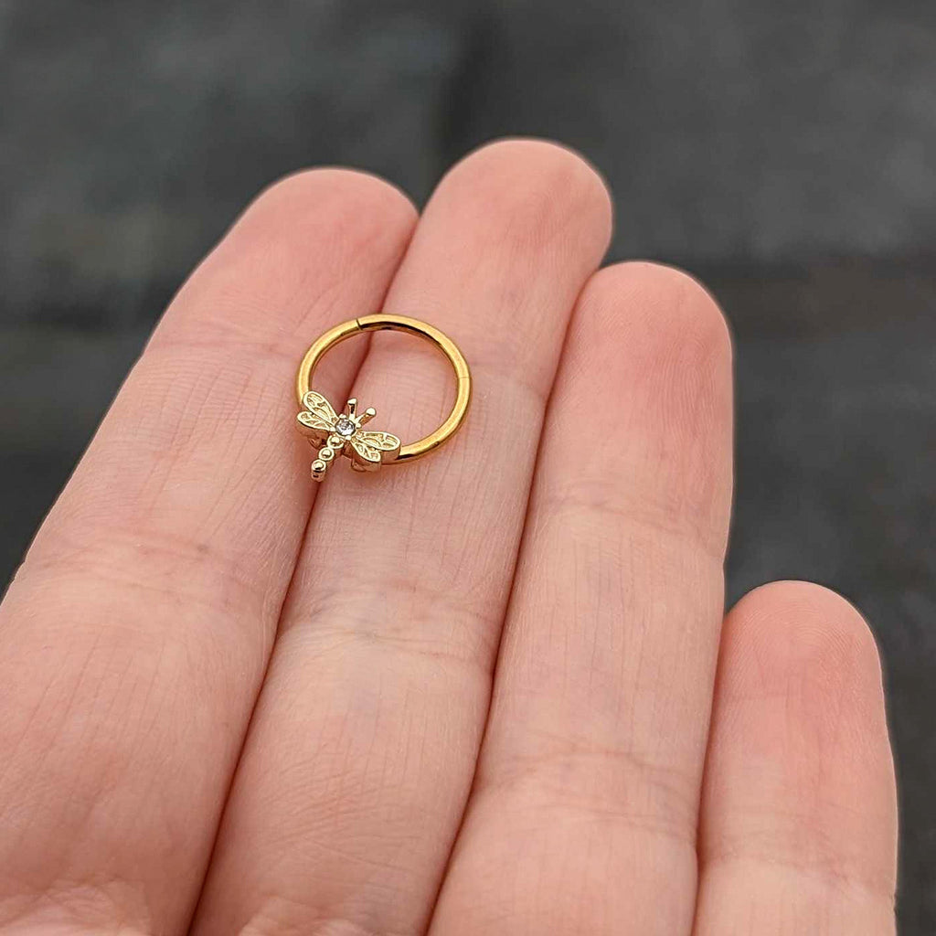 BodyCandy 16G 3/8 Clear Gem Gold Tone Flying Dragonfly Hinged Segment Ring — size reference
