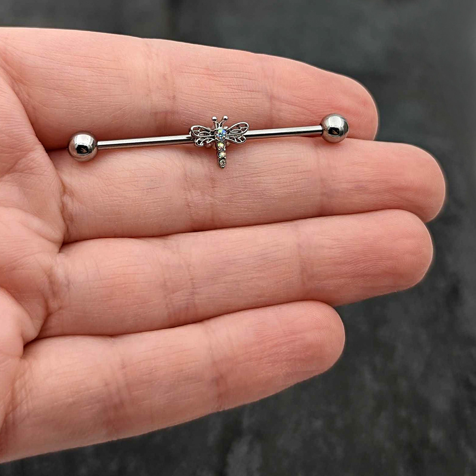 BodyCandy 14G Aurora Gem Dragonfly Flying Industrial Barbell 38mm — in-use photo