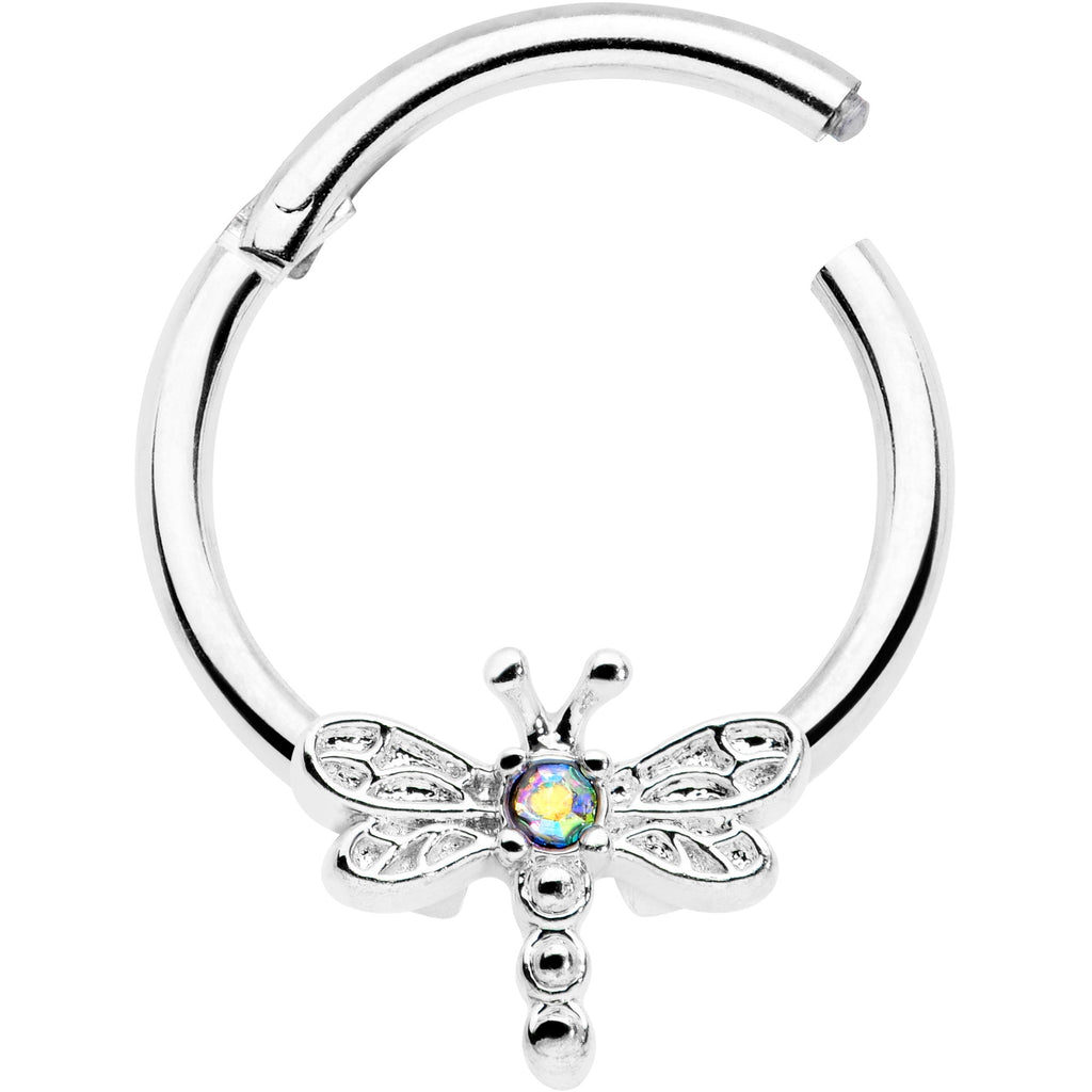 BodyCandy 16G 3/8 Aurora Gem Dragonfly Flying Hinged Segment Ring — detail close-up