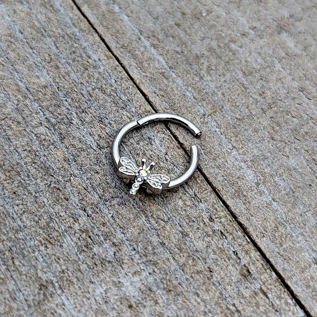 BodyCandy 16G 3/8 Aurora Gem Dragonfly Flying Hinged Segment Ring — in-use photo