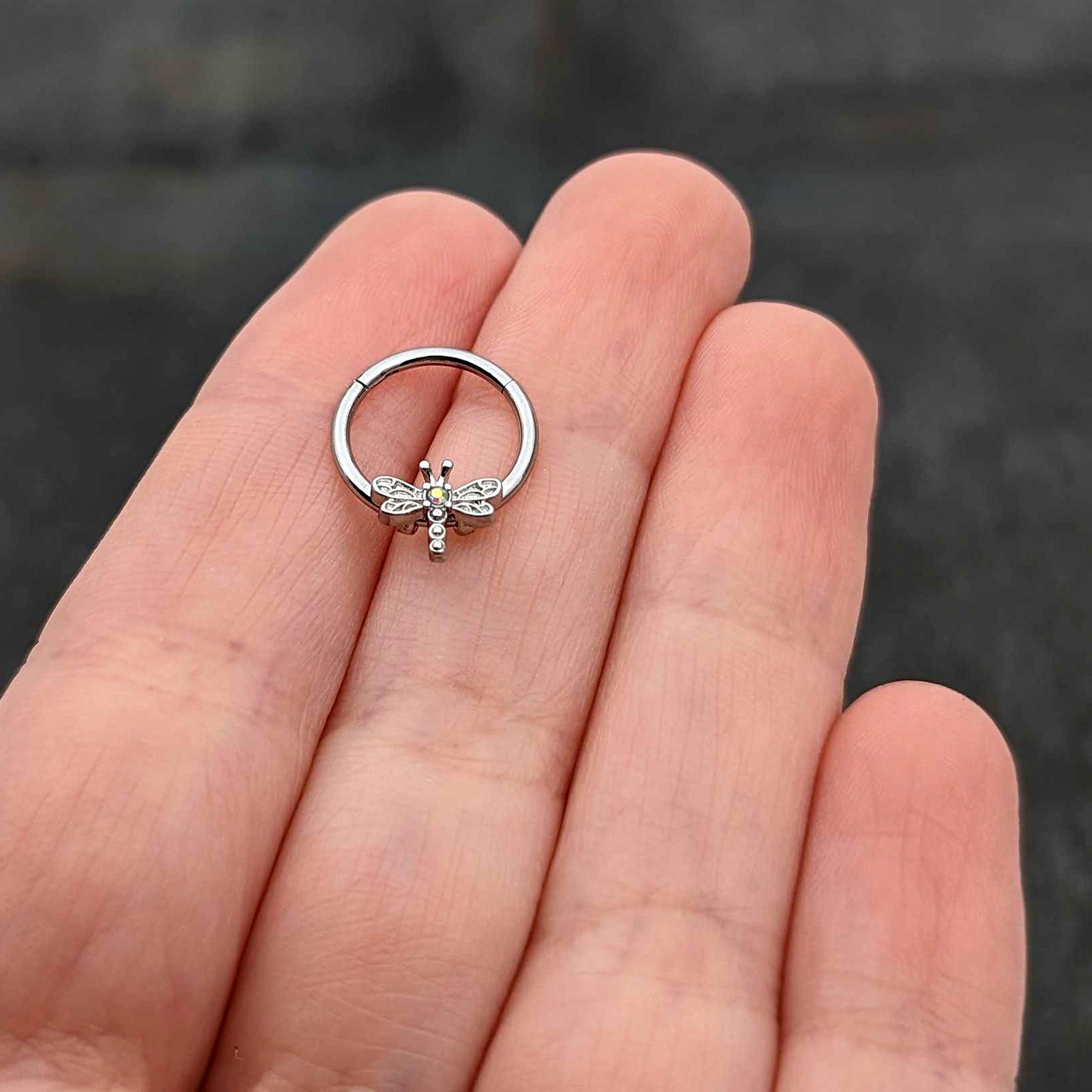 BodyCandy 16G 3/8 Aurora Gem Dragonfly Flying Hinged Segment Ring — size reference