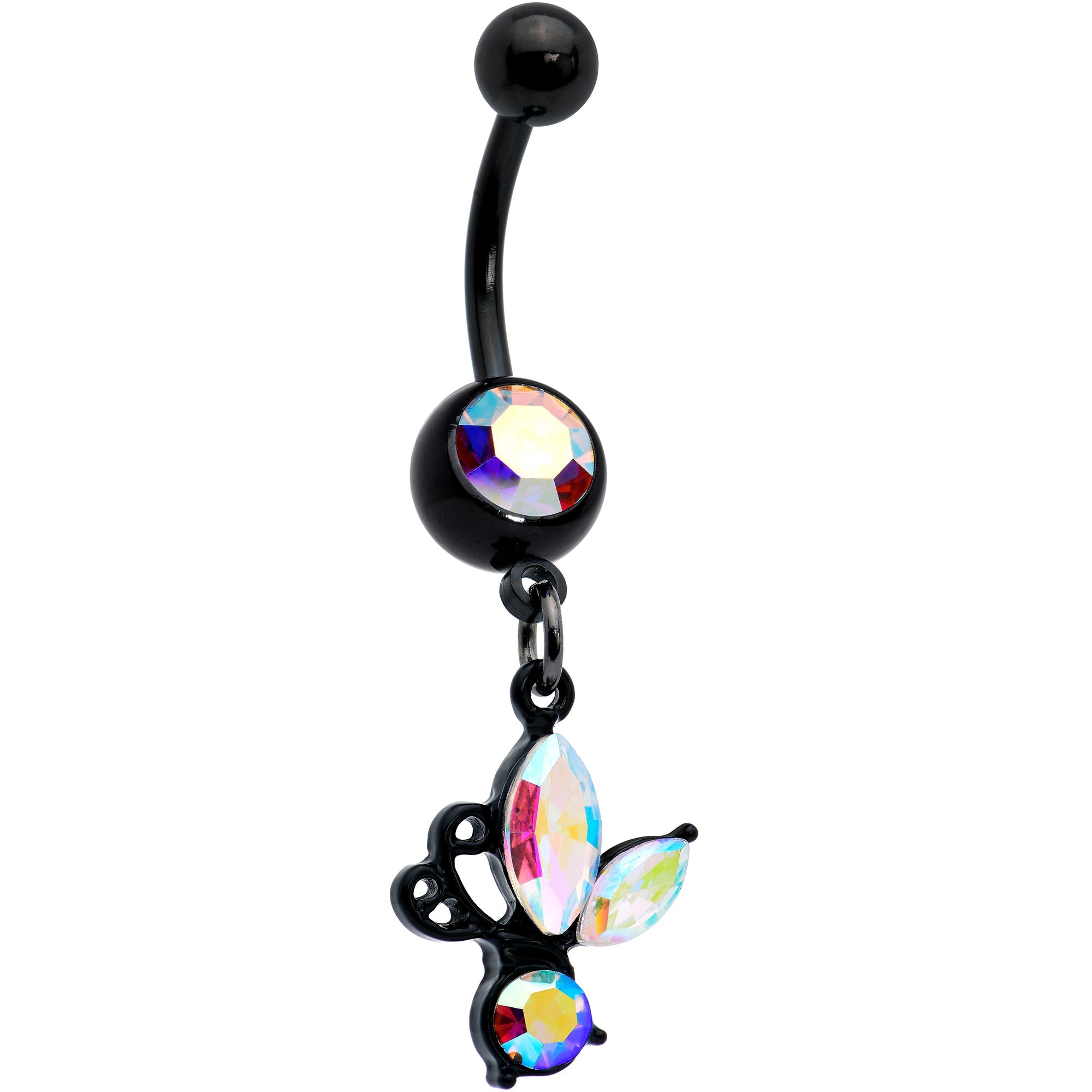 BodyCandy Aurora Gem Black Fleur de Lis Butterfly Dangle Belly Ring — main product shot