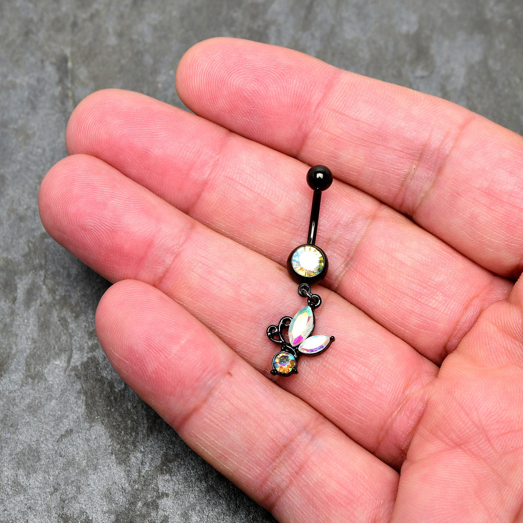 BodyCandy Aurora Gem Black Fleur de Lis Butterfly Dangle Belly Ring — detail close-up