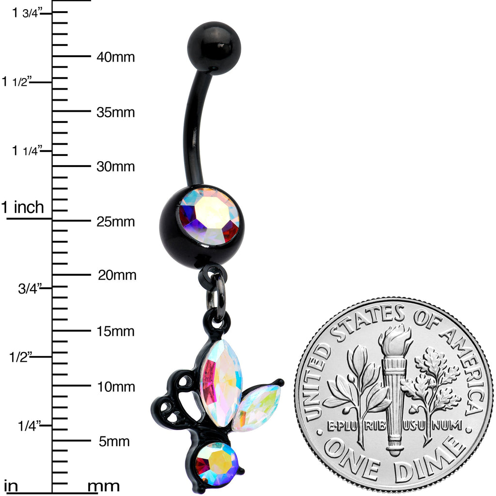 BodyCandy Aurora Gem Black Fleur de Lis Butterfly Dangle Belly Ring — lifestyle context