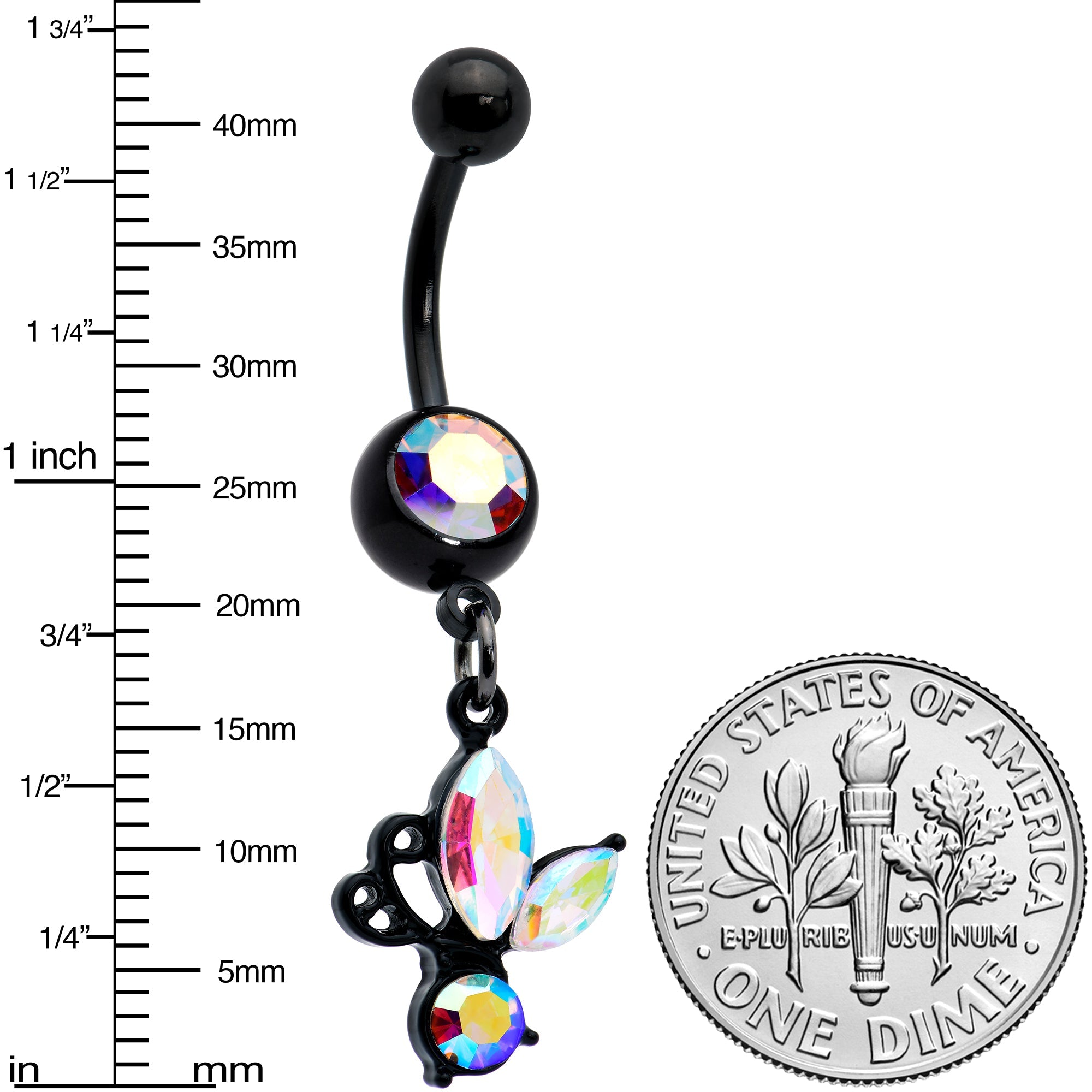 BodyCandy Aurora Gem Black Fleur de Lis Butterfly Dangle Belly Ring — lifestyle context