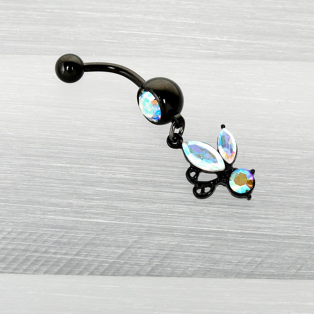 BodyCandy Aurora Gem Black Fleur de Lis Butterfly Dangle Belly Ring — back view