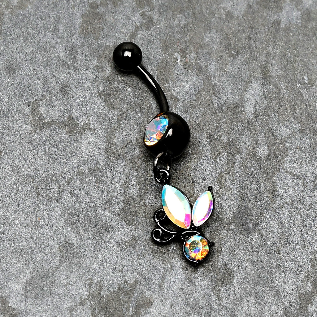 BodyCandy Aurora Gem Black Fleur de Lis Butterfly Dangle Belly Ring — alternative angle