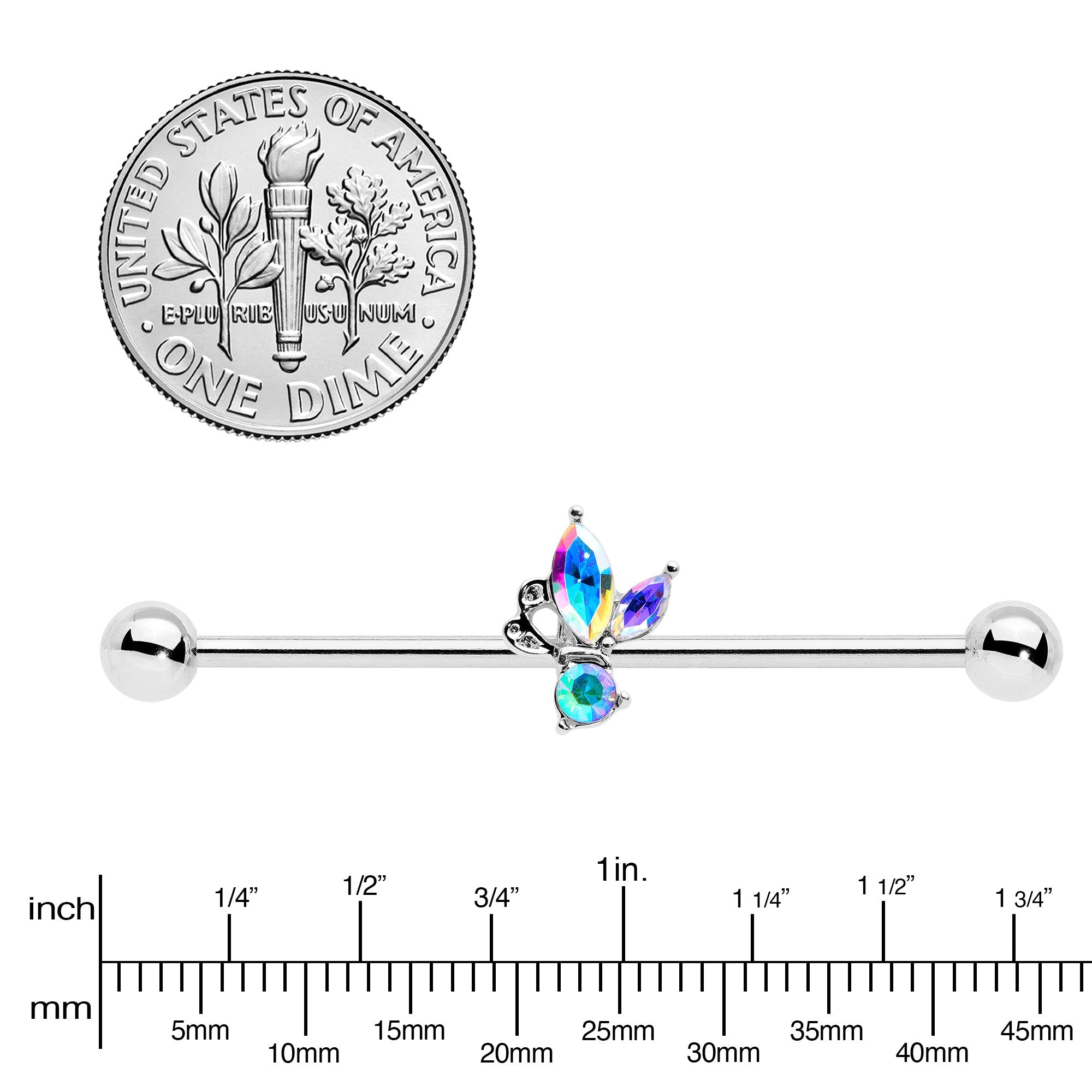 BodyCandy 14G Aurora CZ Gem Fleur de Lis Industrial Barbell 38mm — lifestyle context