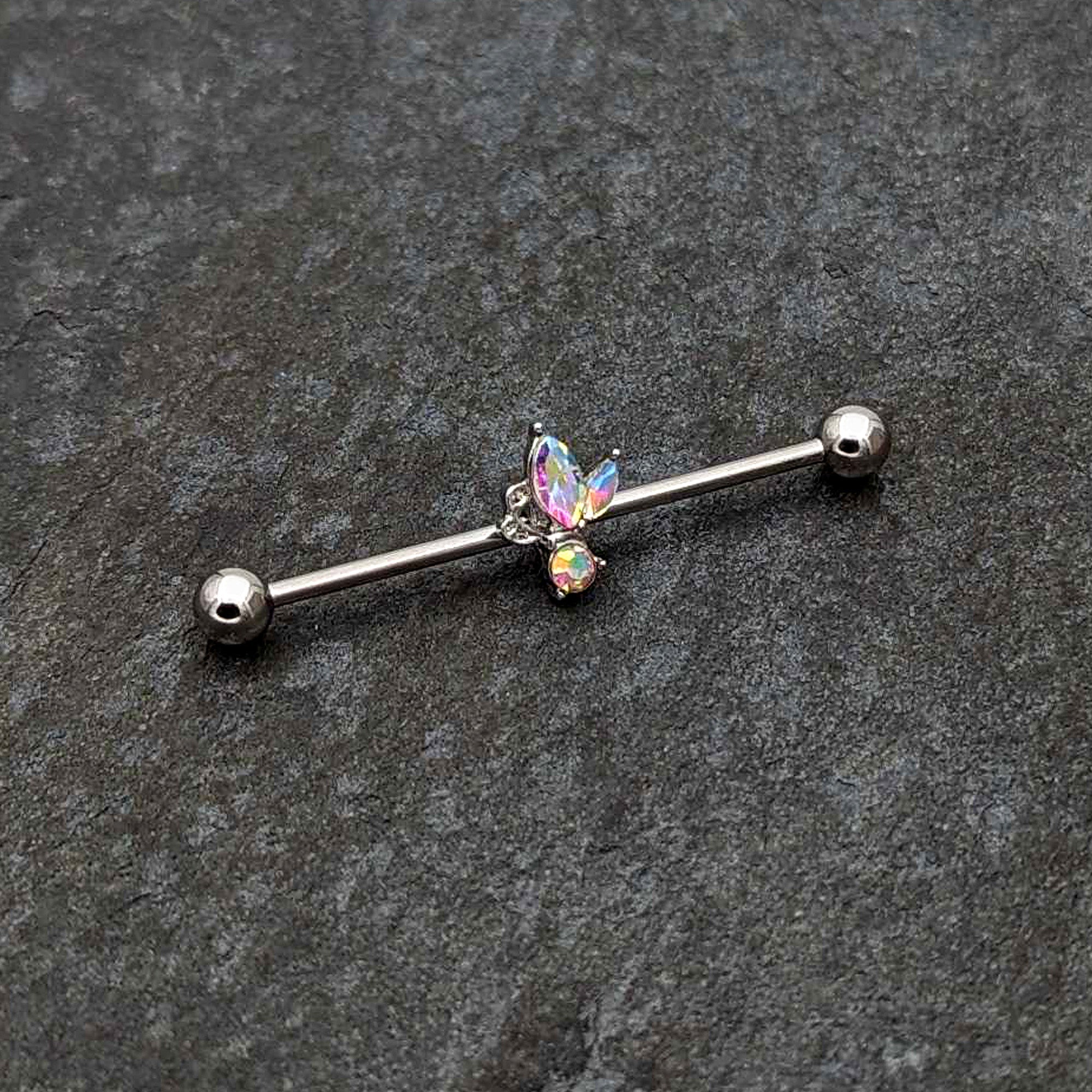 BodyCandy 14G Aurora CZ Gem Fleur de Lis Industrial Barbell 38mm — side view