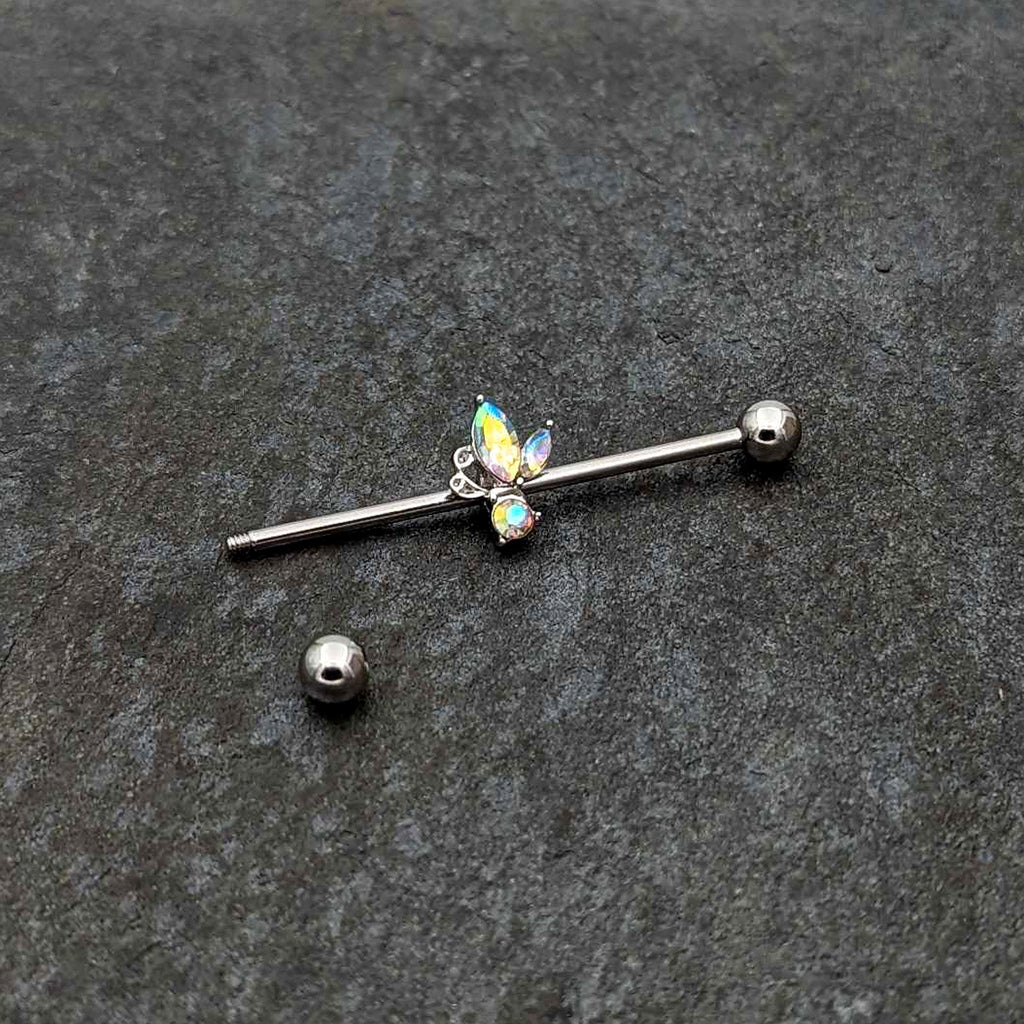 BodyCandy 14G Aurora CZ Gem Fleur de Lis Industrial Barbell 38mm — back view