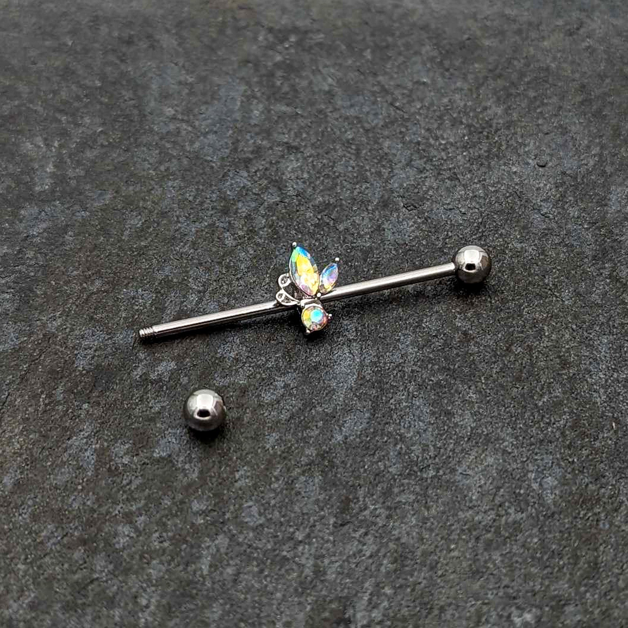 BodyCandy 14G Aurora CZ Gem Fleur de Lis Industrial Barbell 38mm — back view