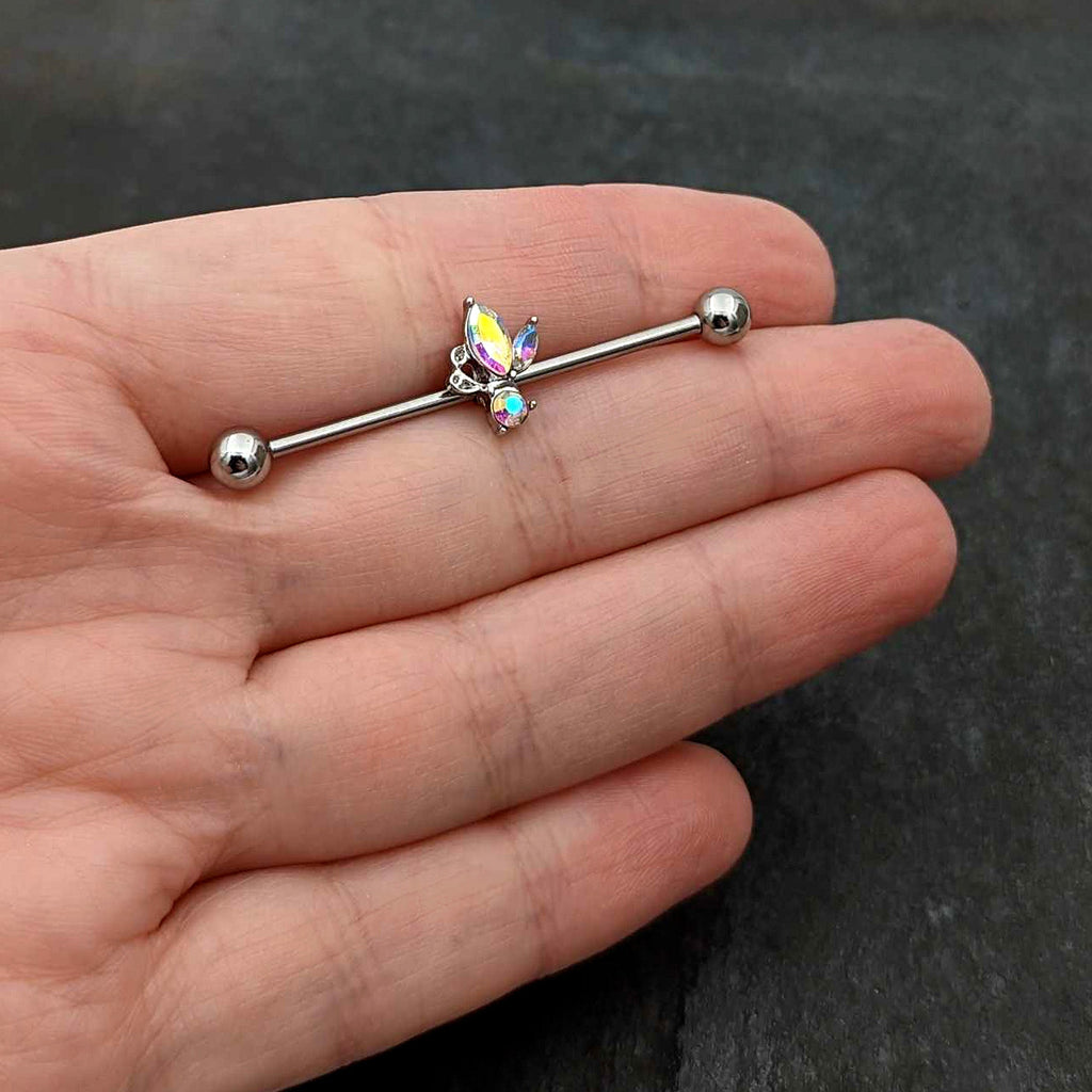 BodyCandy 14G Aurora CZ Gem Fleur de Lis Industrial Barbell 38mm — in-use photo